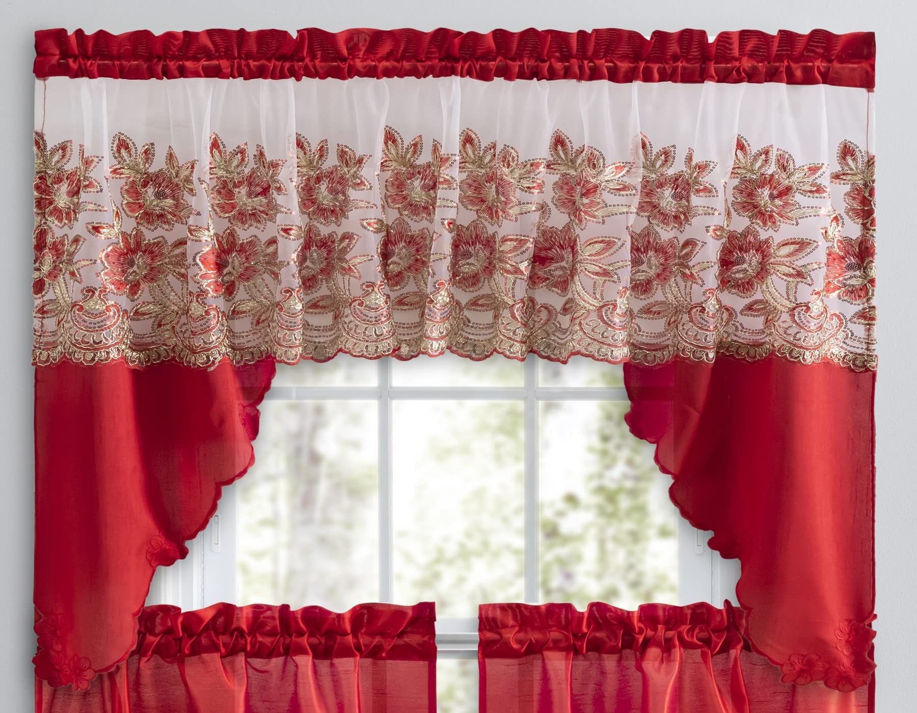 American Linen 3-Piece Embroidered Window Curtain Set with Valance & Tiers - Red Kitchen, Living Room & Bathroom Curtains for Home Decor | Elegant Embroidery for Bedroom, Dining Room & Office