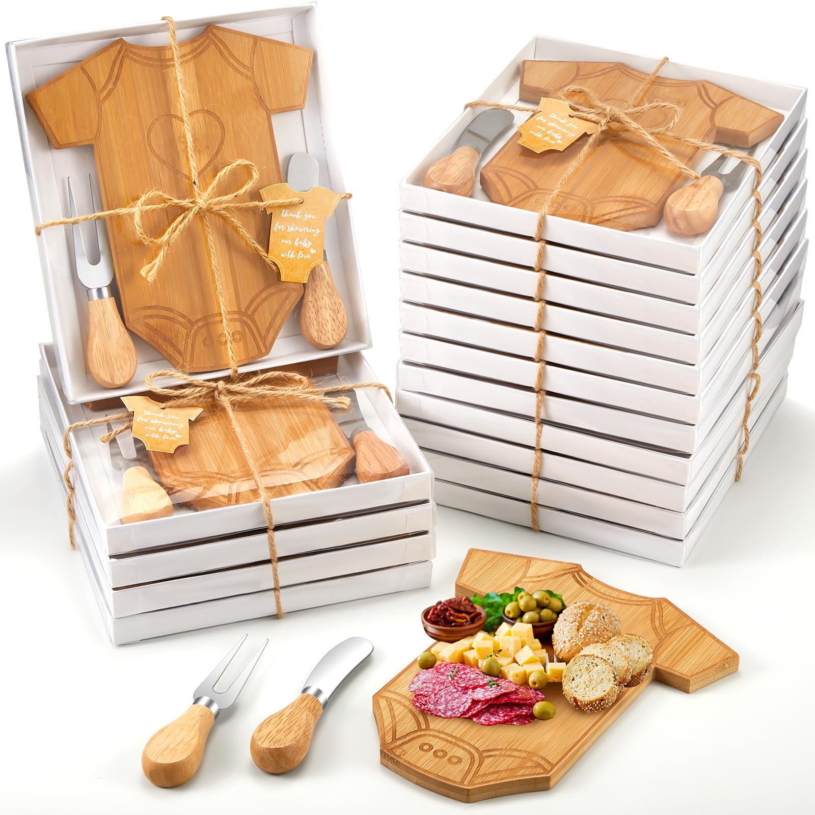 12-Piece Baby Shower Favors Set - Clothing-Shaped Bamboo Charcuterie Boards with Thank You Tags & Gift Box - Perfect for Gender Reveal Parties, Newborn Celebrations & Cheese Platter Gifts (Eco-Friendly Bamboo Color) - Ideal for Hostess Gifts, Guest Favors & Special Occasions