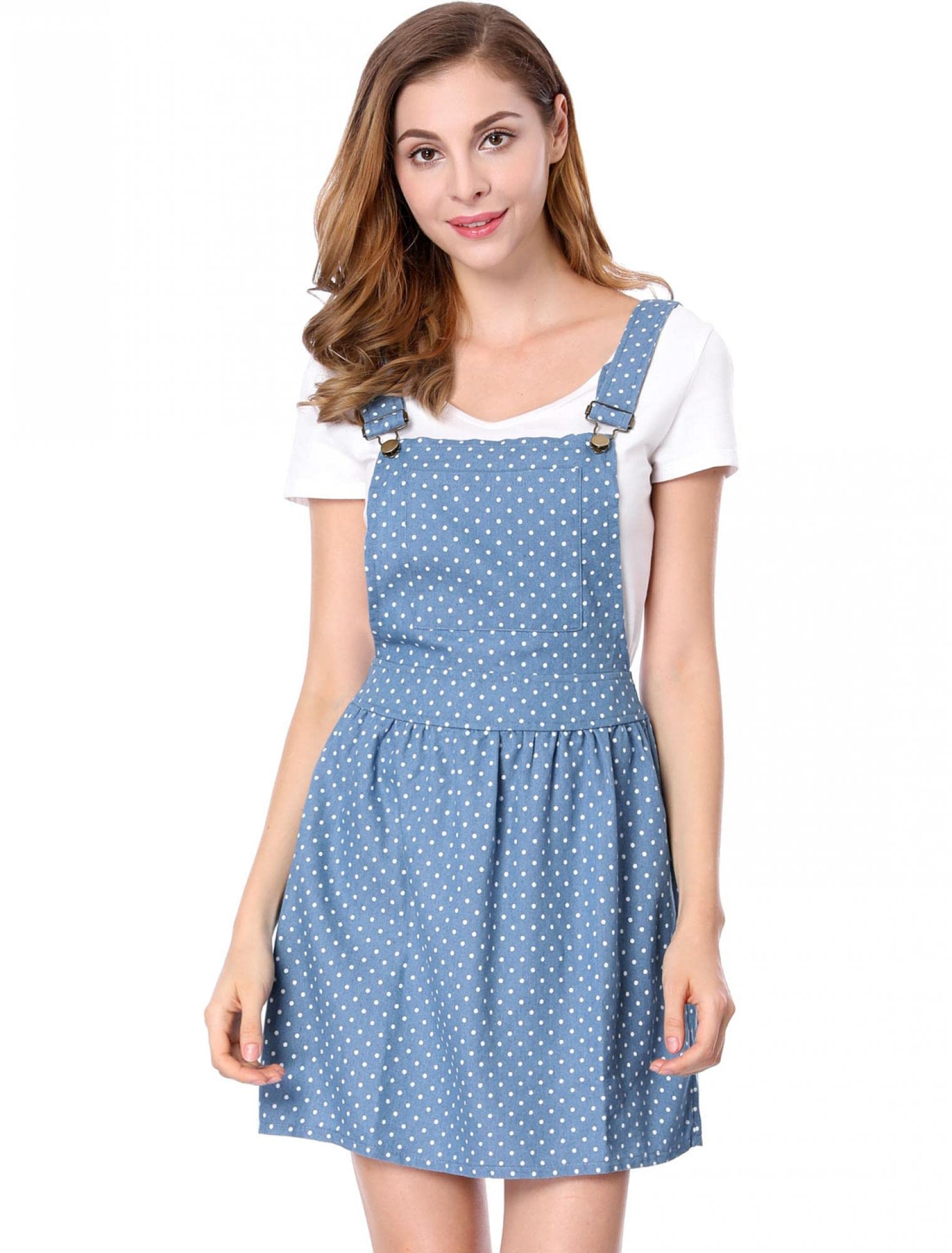 Allegra K Women's Printed Chambray Pinafore Dress with Adjustable Straps - Casual Mini Overalls for Spring & Summer Outfits, Date Nights, and Music Festivals