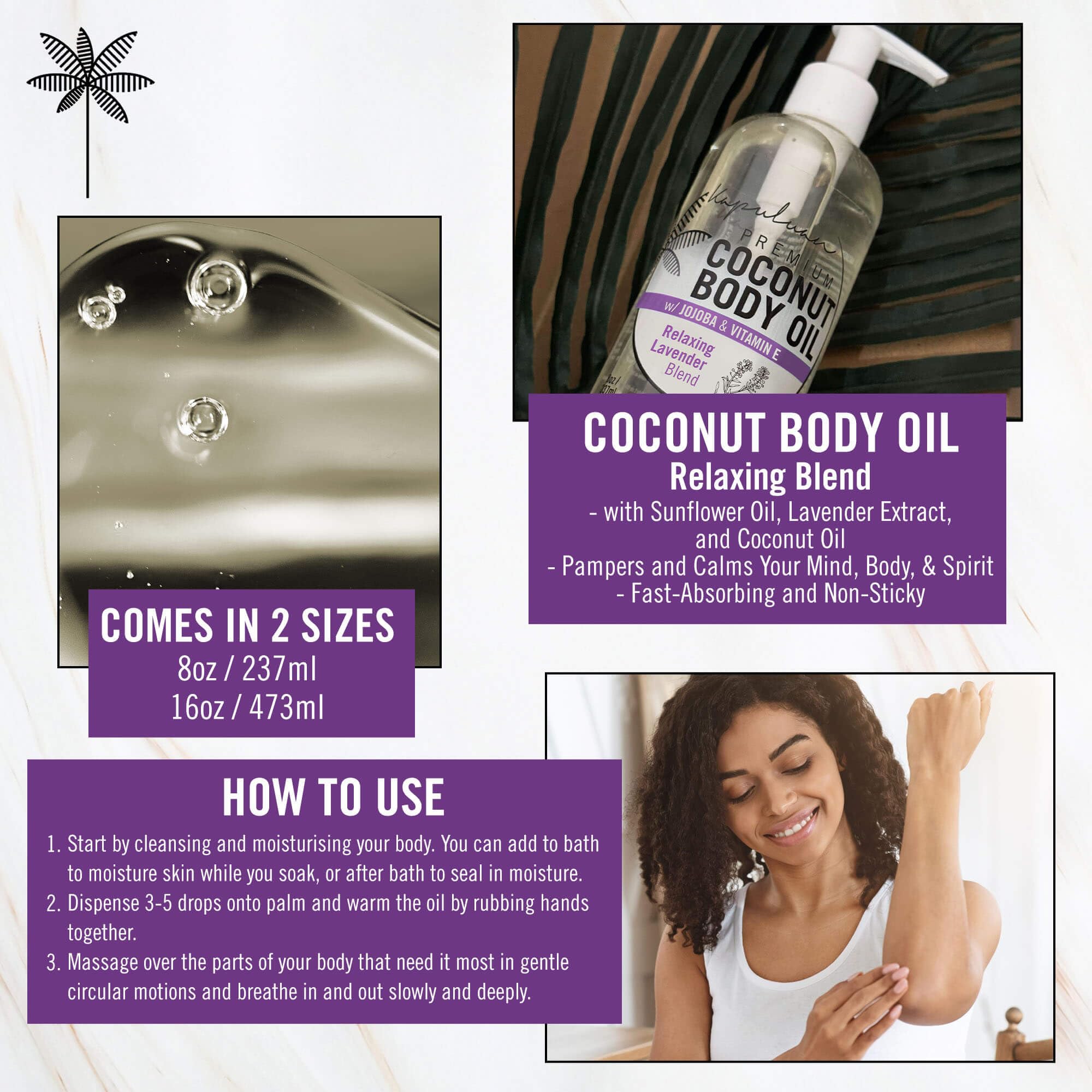 Relaxing Lavender Coconut Massage Body Oil for Stress Relief & Muscle Tension - 8oz Aromatherapy Essential Oil Blend for Spa, Yoga & Home Relaxation