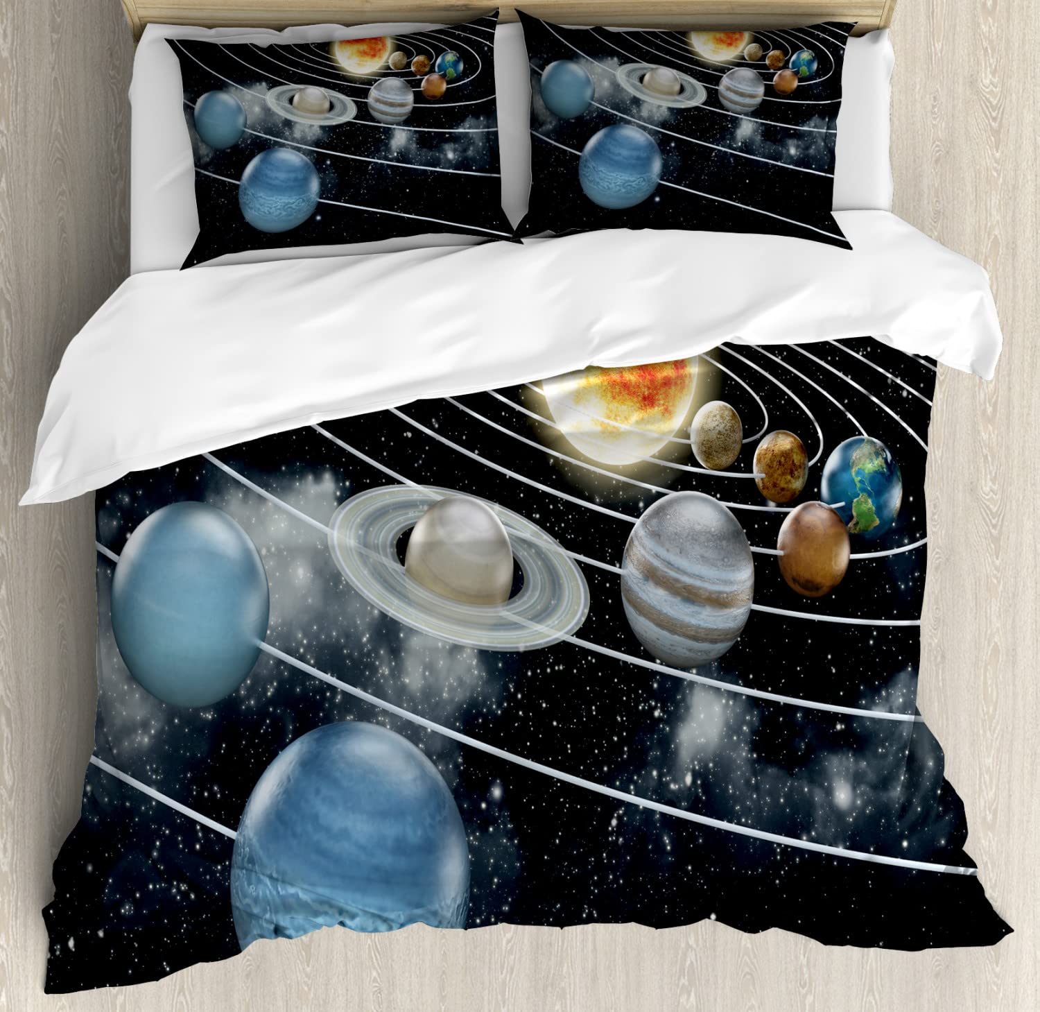 Ambesonne Galaxy Duvet Cover Set - Solar System with All 8 Planets & Sun - Science Fiction Bedding Set Includes 2 Duvet Covers & 4 Pillowcases - 2 Pack California King Size in Black & Grey - Perfect for Space Themed Bedrooms & Sci-Fi Decor