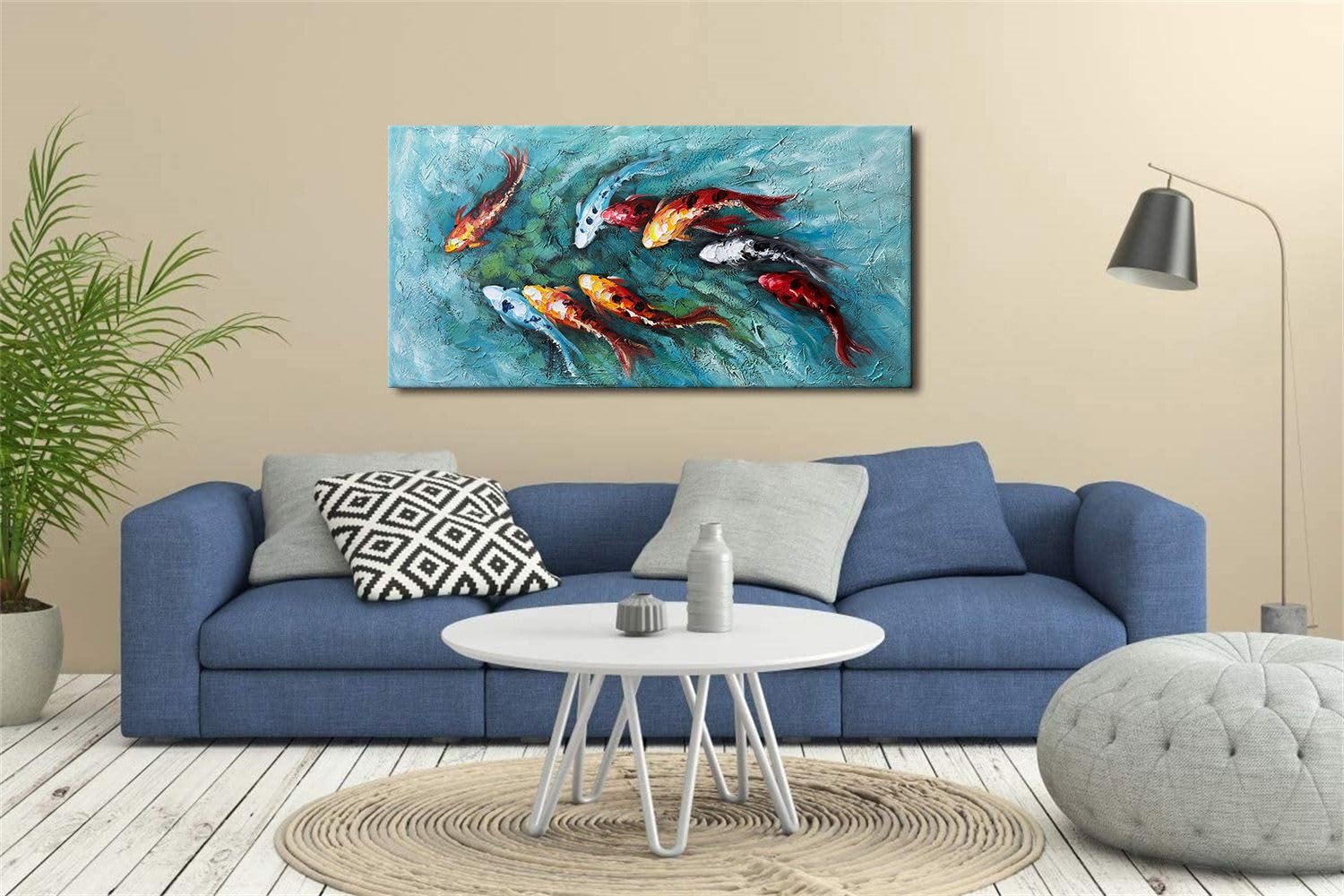 Zoinart Hand-Painted 3D Nine Fishes Oil Painting on Canvas - 24x48 Inch Vertical Modern Abstract Wall Art - Ready to Hang Home Decor for Living Room, Bedroom & Office