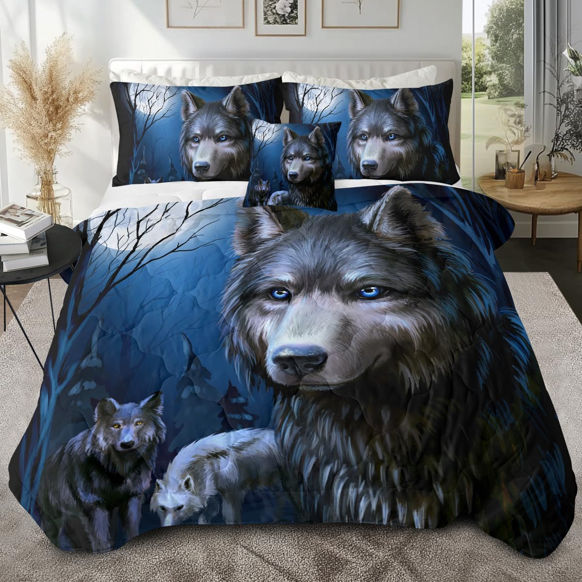 Sleepwish 4-Piece Wolf Moon Comforter Set - Twin Size Grey & Blue Wolf Print Bedding with Comforter, Pillow Shams & Cushion Cover | Night Sky Wolf Theme Bed Set for Kids, Boys & Girls | Perfect for Cozy Bedrooms, Teen Rooms & Wildlife Themed Decor