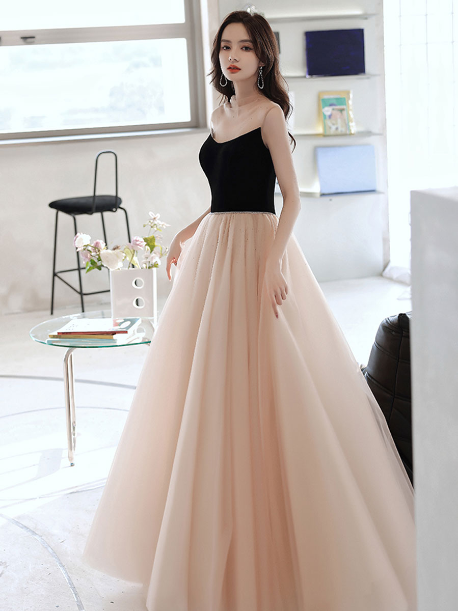 Elegant Champagne Long Prom Dresses - A-Line Tulle Formal Gowns for Homecoming, Wedding, and Evening Parties | Plus Size Options Available