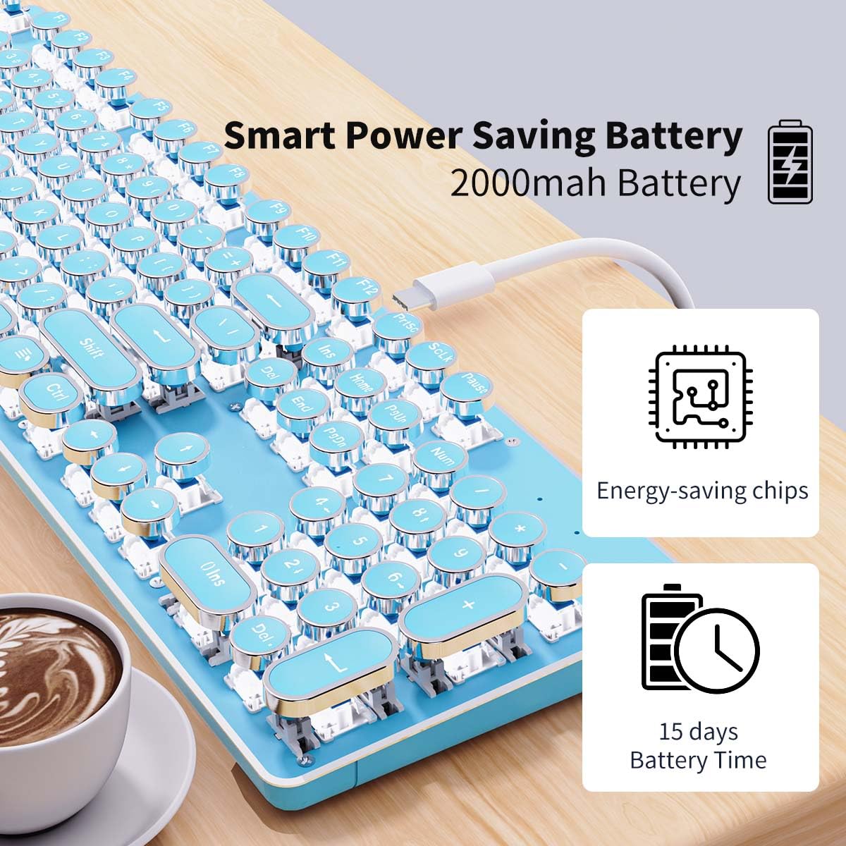 EWEADN TK950 Wireless Mechanical Keyboard - 104 Key Aesthetic Typewriter Style with White Backlight, Anti-Ghosting, Blue Switch (Bluetooth/2.4GHz/USB-C) - Perfect for Typing, Gaming & Office Work - Blue