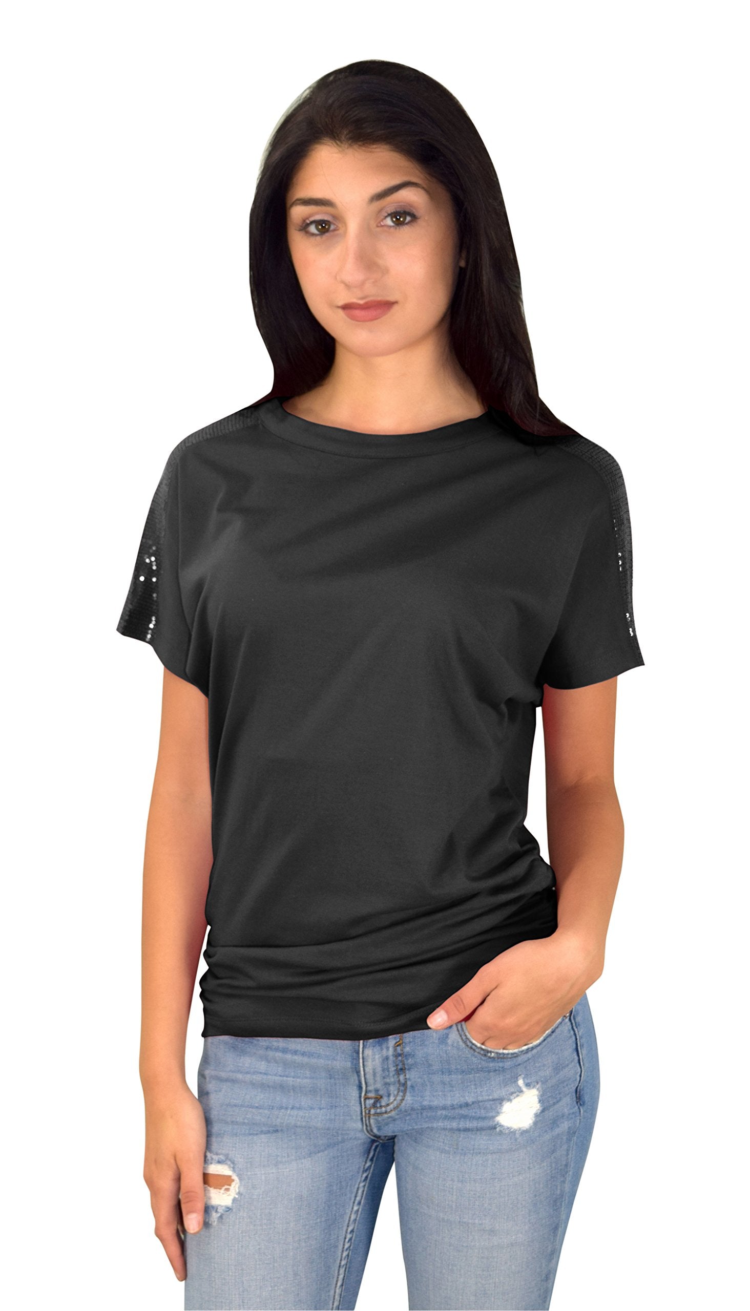 Women's Elegant Cotton Boat Neck Dolman Top with Shirring Drape & Sequin Shoulder Detail - Perfect for Casual Wear, Parties & Evening Outfits