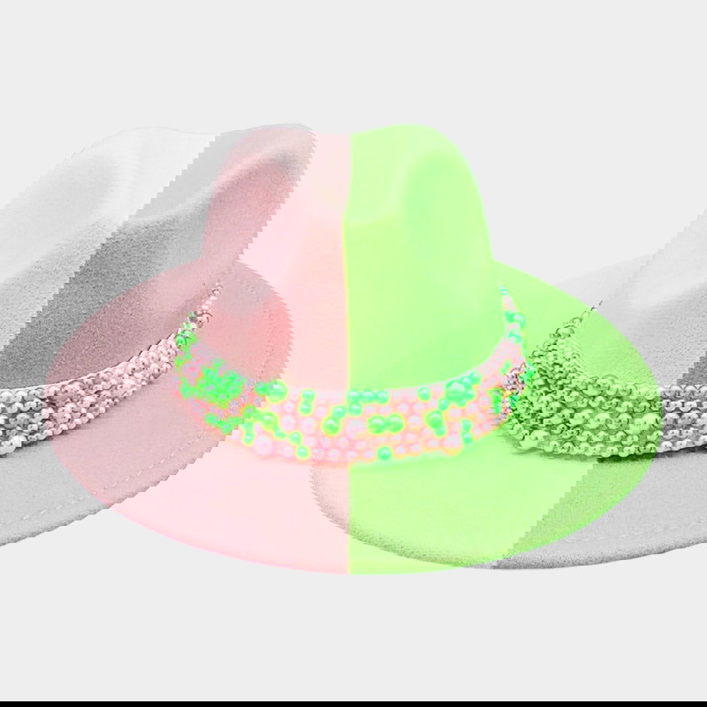 Elegant Pink & Green Pearl Embellished Fedora Hat for Women - Stylish Color Block Pointed Design for Parties, Weddings & Fashion Outfits