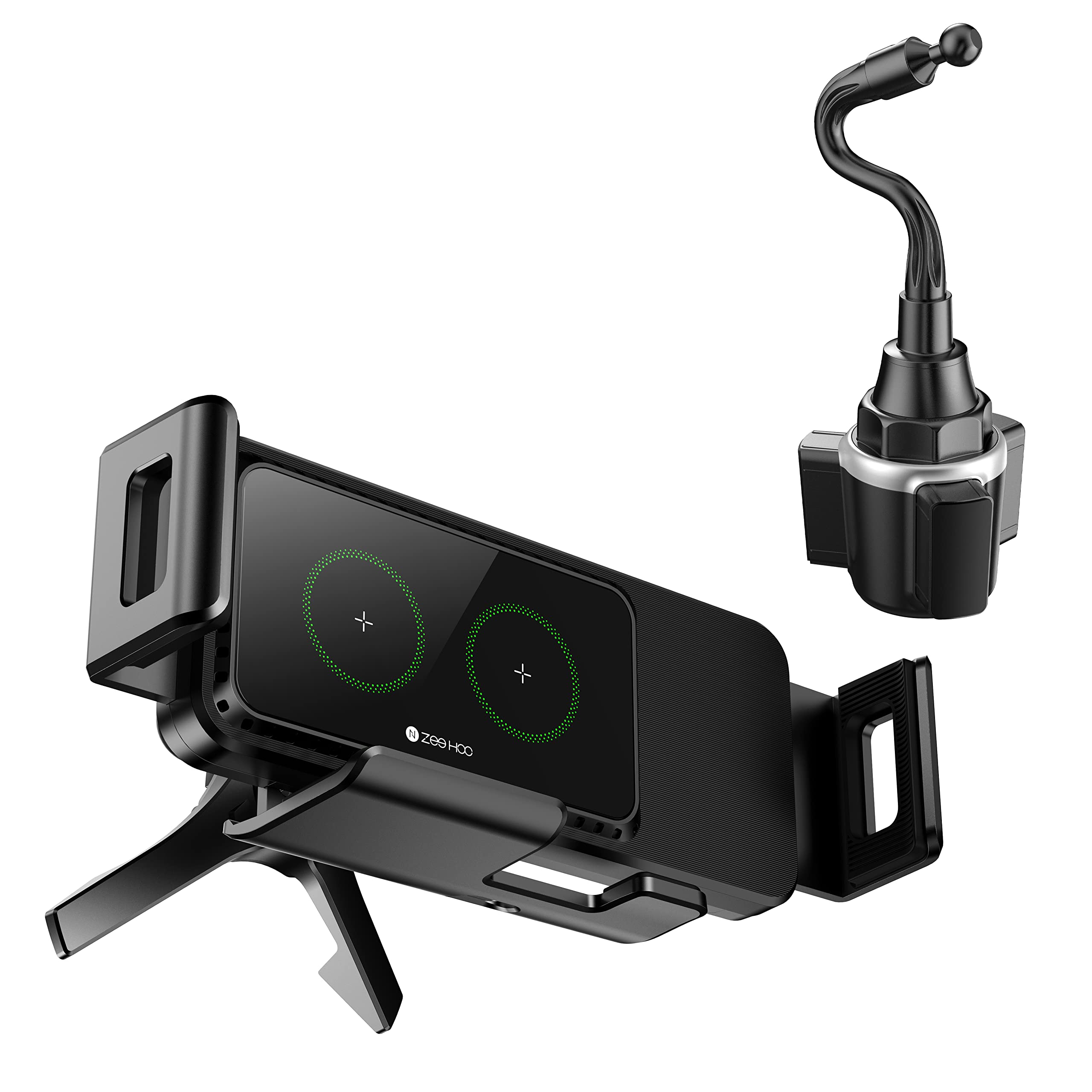 ZeeHoo 15W Fast Wireless Car Charger with Auto-Clamping Dual Coils - Qi Certified Air Vent & Cup Holder Phone Mount for iPhone & Android (2023 Model) | Perfect for Commuting, Road Trips & Hands-Free Driving