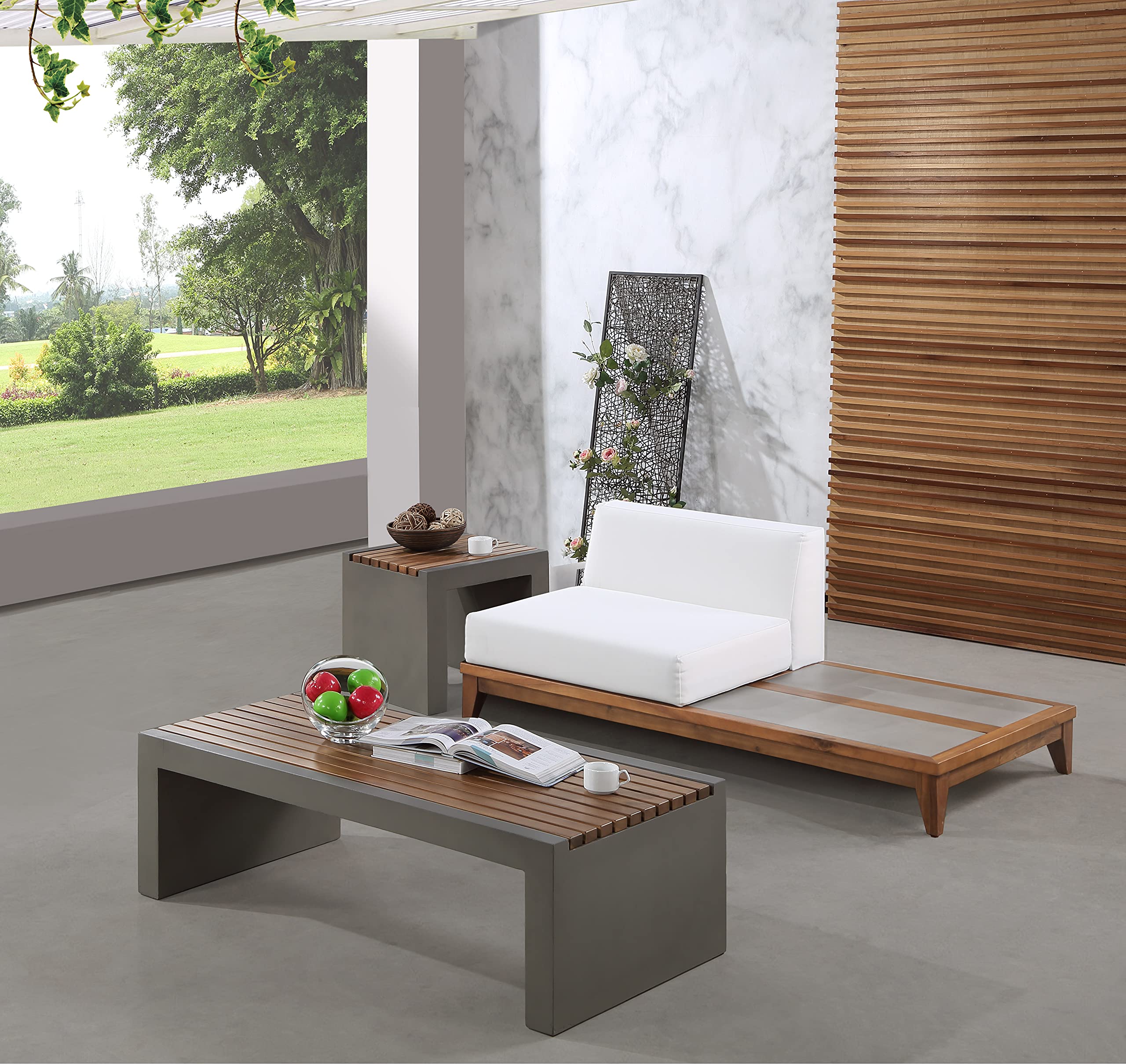 Meridian Furniture 389 White Double Rio Collection - Modern Outdoor Patio Chair with Water-Resistant Fabric & Durable Acacia Wood Frame - Perfect for Poolside, Garden, and Backyard Relaxation