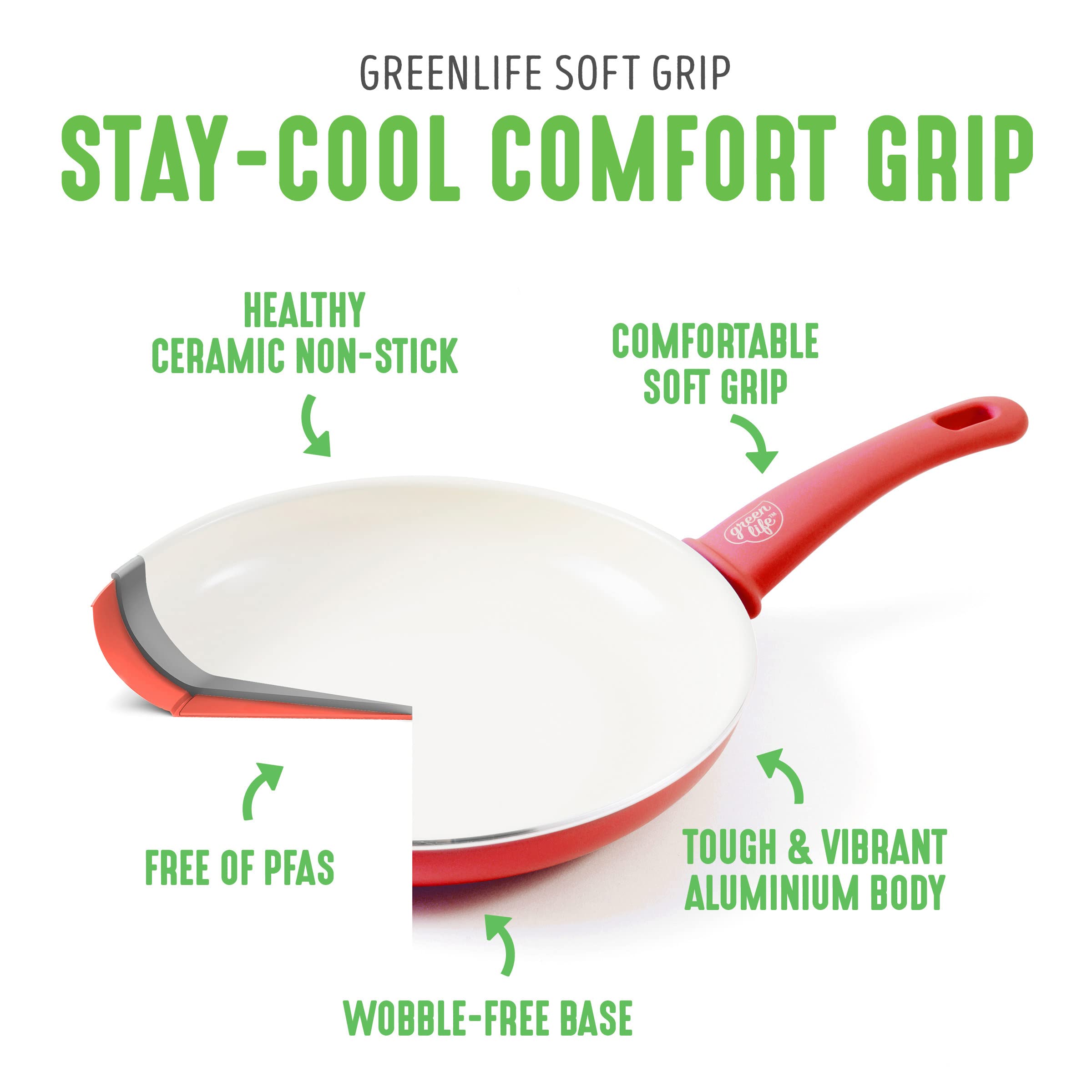 GreenLife Soft Grip 16-Piece Non-Toxic Ceramic Nonstick Cookware Set - PFAS-Free Pots & Pans with Glass Lids, Stay-Cool Handles - Frying, Sauteing, Boiling - Dishwasher & Oven Safe - Perfect for Home Cooking & Family Meals (Red)