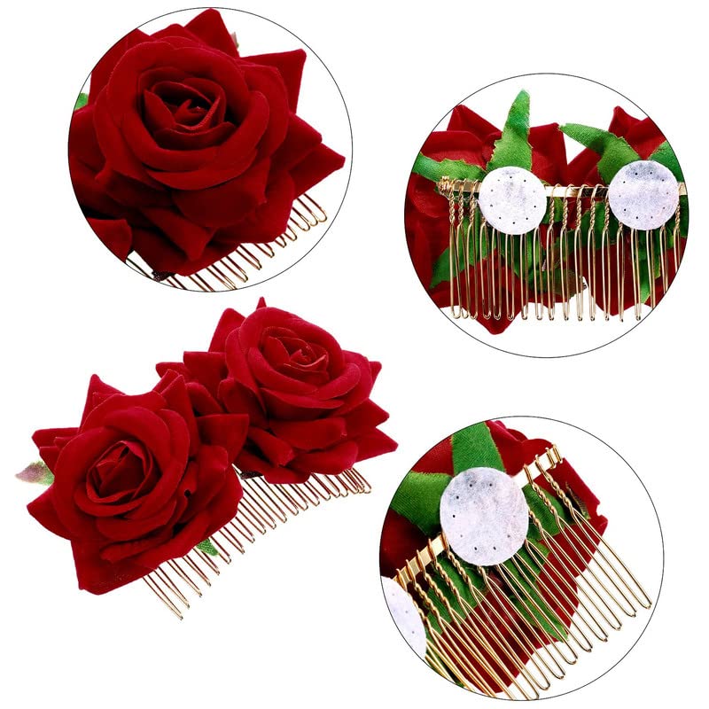 BELICIA 2 Pack Dark Red Rose Flower Hair Clips for Women - Elegant Wedding Hair Accessories, Flamenco Dancer Hairpins (Perfect for Bridal, Prom, Party & Special Occasions)
