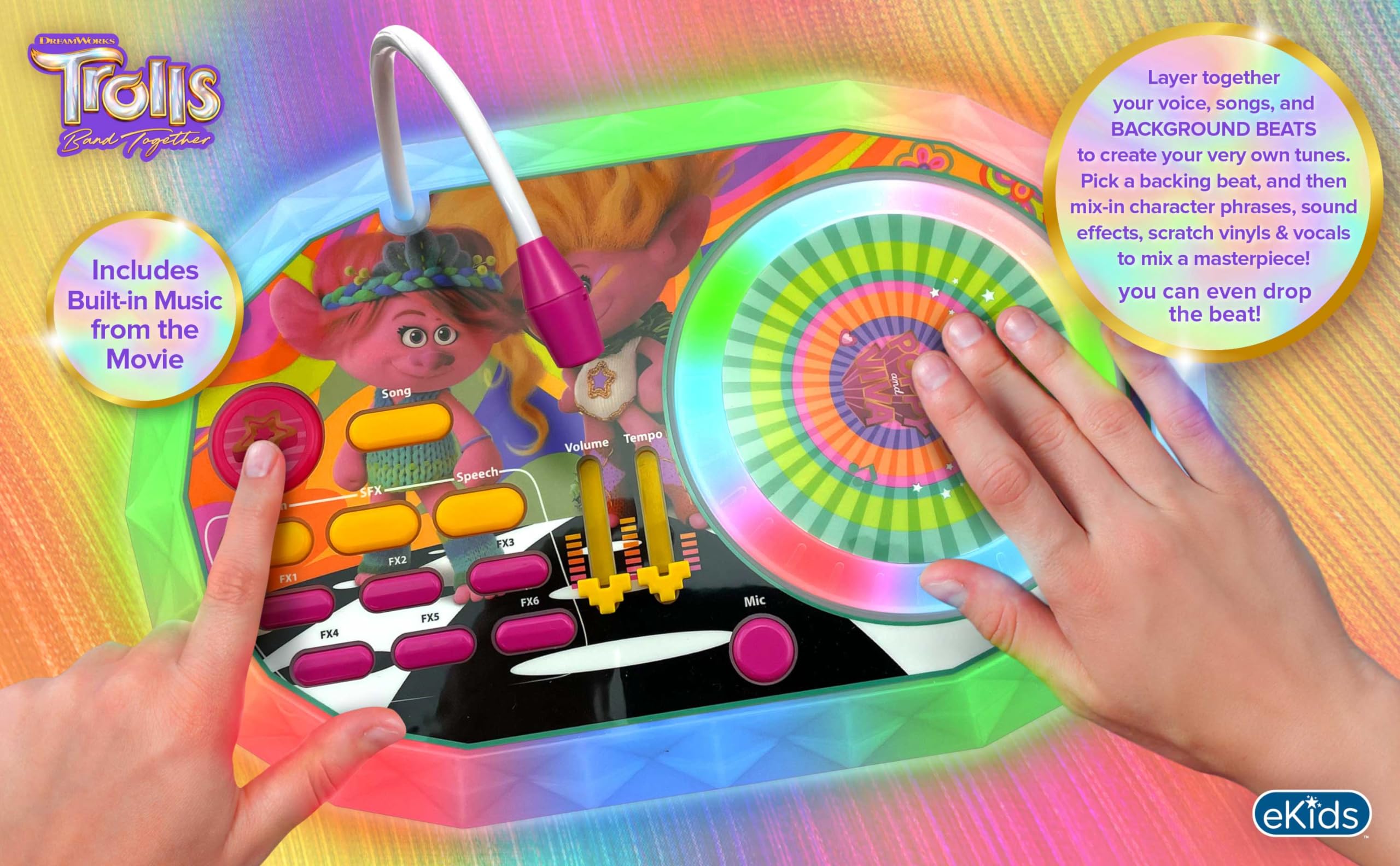 eKids Trolls DJ Turntable Toy with Microphone - Fun Party Mixer for Kids & Fans