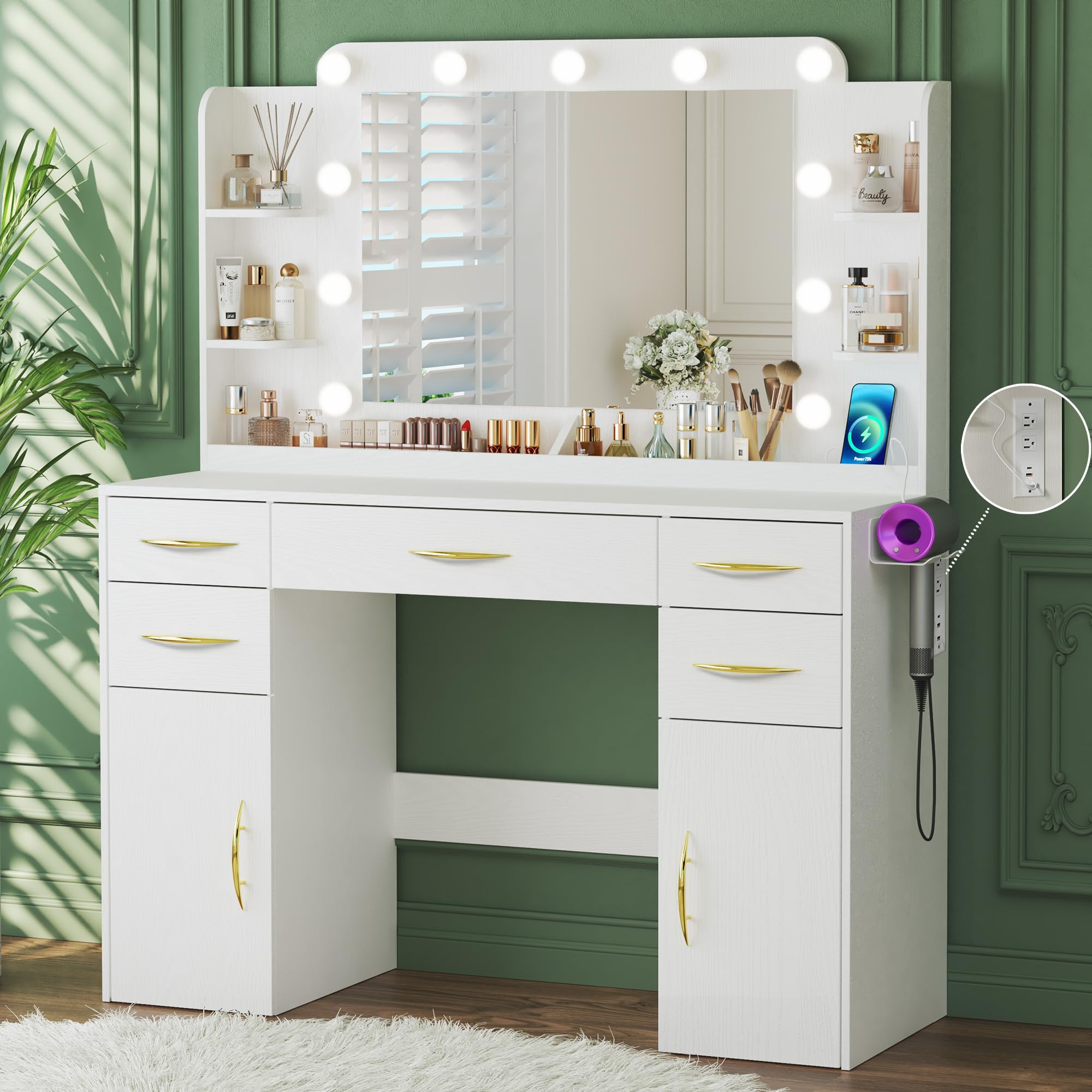 White Makeup Vanity Desk with LED Lights & Mirror - 3 Light Settings, Power Outlet, 5 Drawers & 2 Cabinets - Bedroom Vanity Table with Shelves for Cosmetics & Jewelry Organization | Perfect for Makeup Application, Dressing Area & Home Decor
