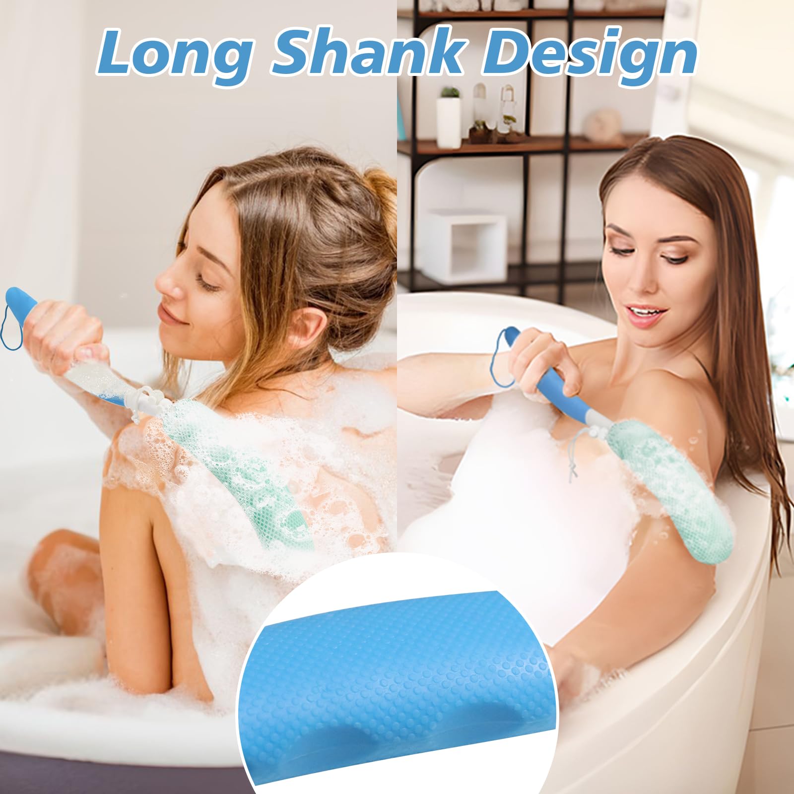 KkaFFe Long Handle Back Scrubber with Mesh Sponge - Exfoliating Shower Brush for Deep Cleaning & Skin Renewal | Perfect for Hard-to-Reach Areas, Bath & Body Care (Blue-Green)