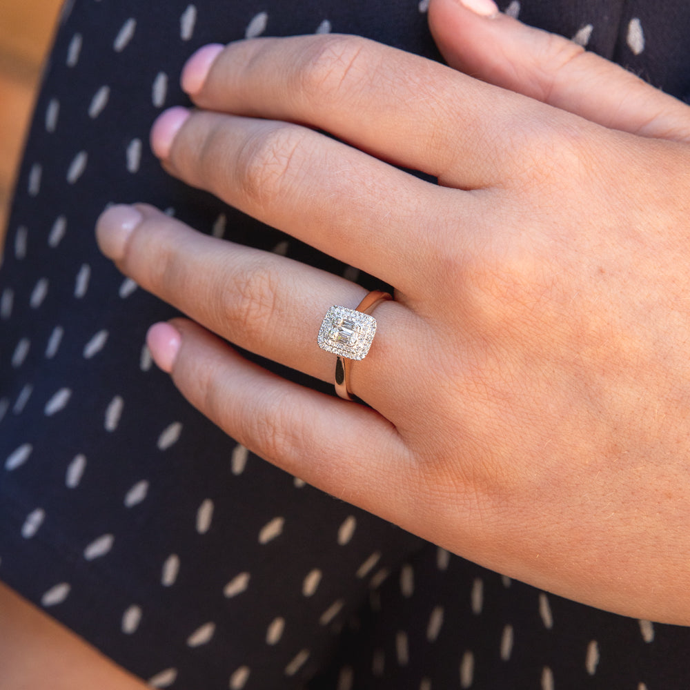 0.25ct Baguette & Round Cut Diamond Halo Engagement Ring in 9K Gold - Perfect for Wedding, Proposal & Anniversary Gifts