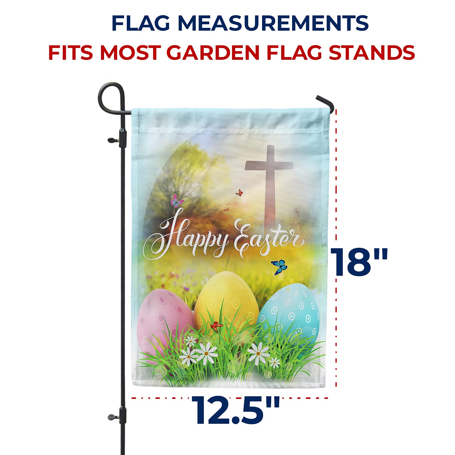 Happy Easter Garden Flag - 12.5 x 18 Inch Double Sided Religious Cross Design with Easter Eggs - Spring Seasonal Outdoor Yard Decoration for Home, Church & Holiday Celebrations