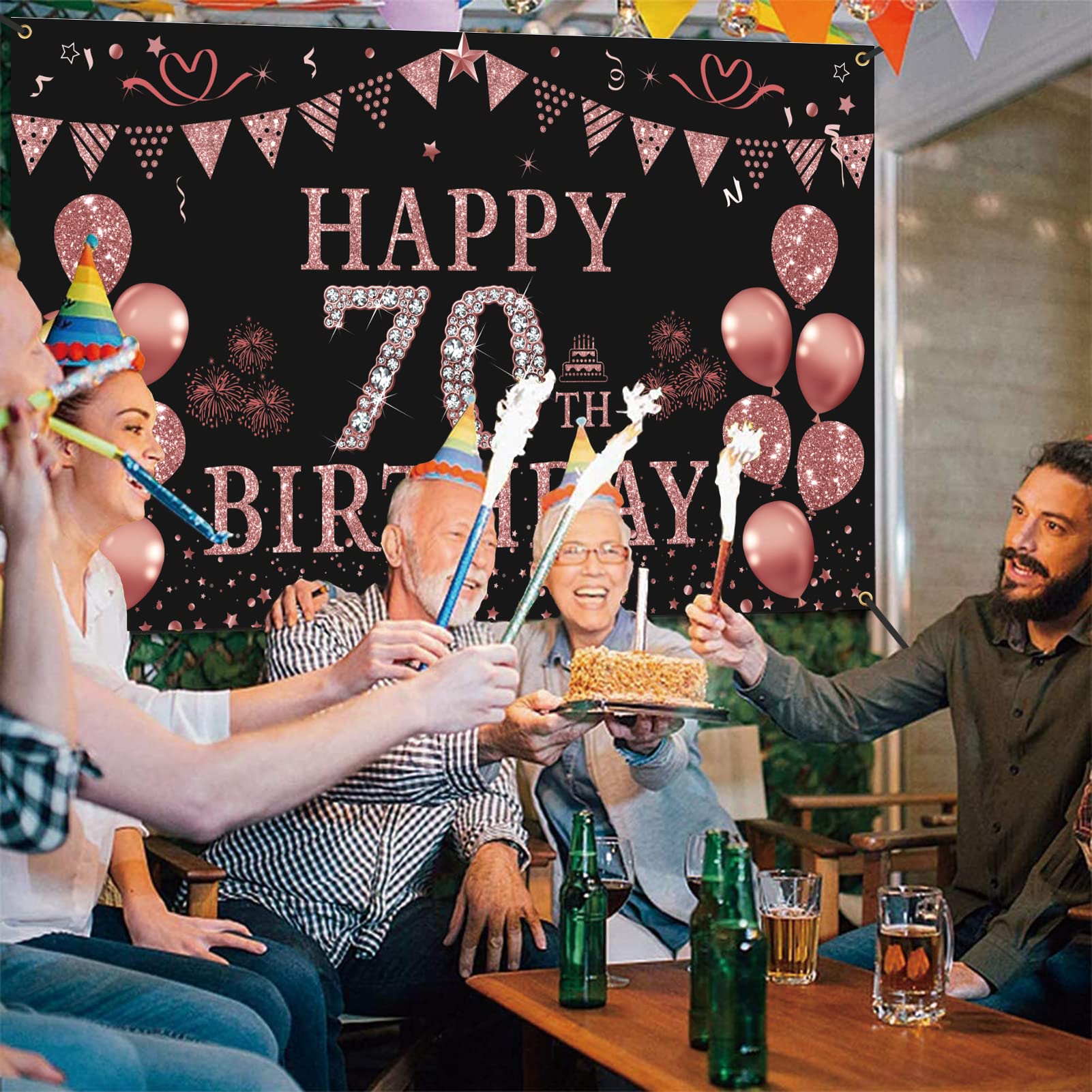 Rose Gold 70th Birthday Banner Backdrop - 5.9x3.6ft Photography Background for Women's 70th Birthday Party Decorations | Perfect for Milestone Celebrations, Photo Booths & Family Gatherings