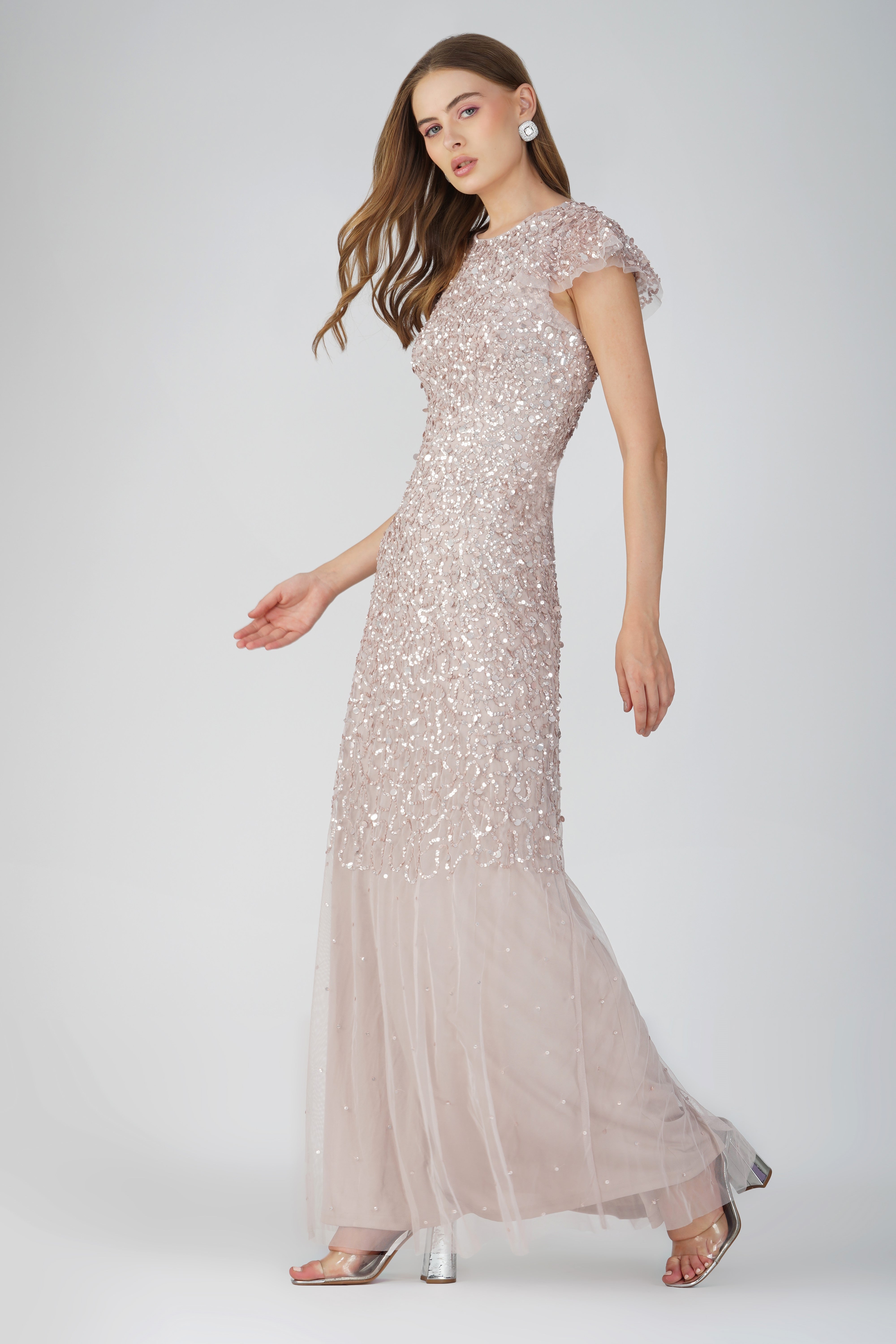 Larissa Women's Short Sleeve Embellished Maxi Dress in Mink - Elegant Formal Evening Gown for Weddings, Parties & Special Occasions