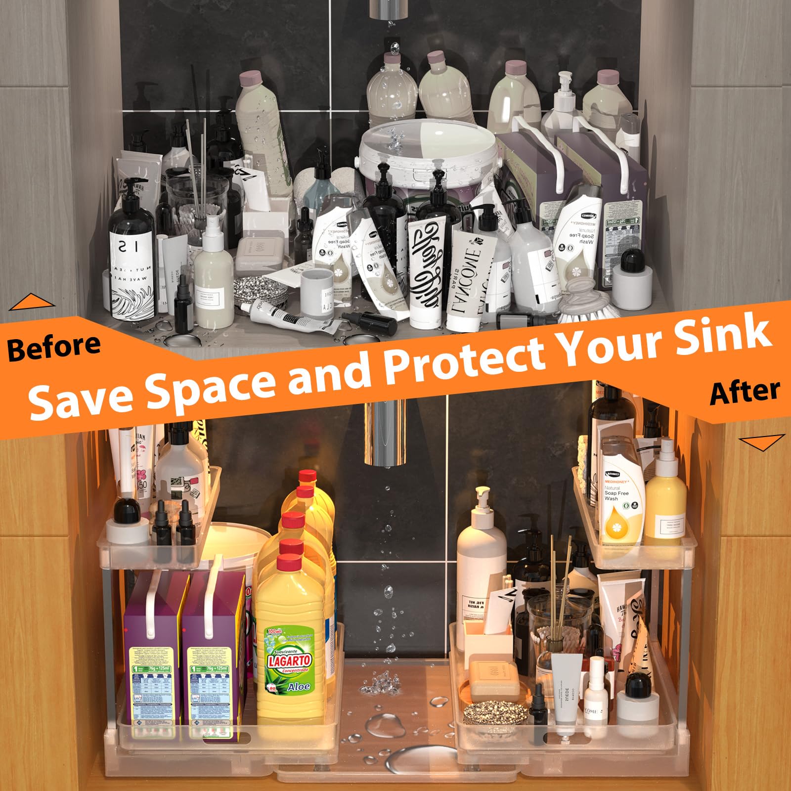Under Sink Organizer with Waterproof Tray - L-Shaped Pull Out Cabinet Storage for Kitchen & Bathroom | Space Saving Solution for Cleaning Supplies & Toiletries