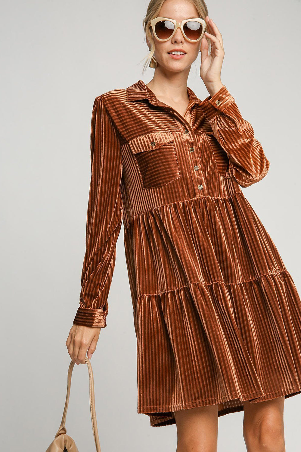 Textured Tiered Collar Long Sleeve Resort Dress for Women - Beach Vacation, Summer Party & Casual Outfit