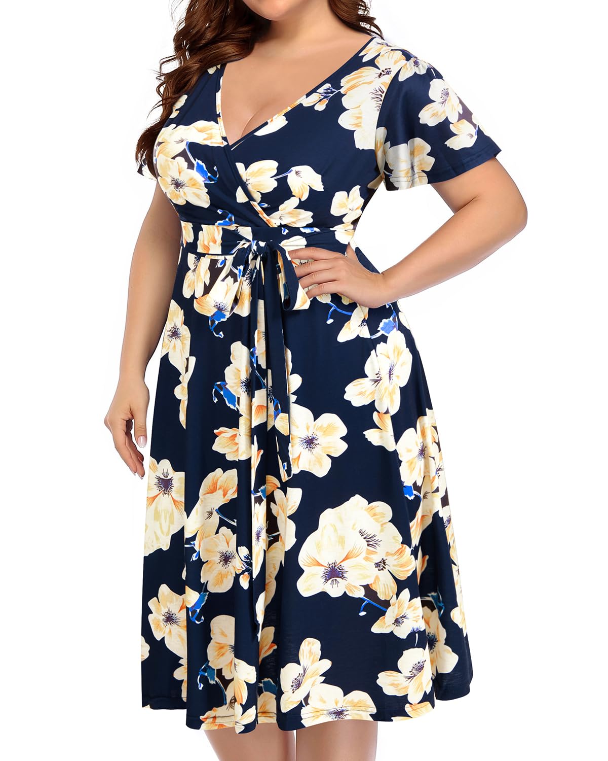 Plus Size Women's Pinup Fashion Cocktail Dress - Semi Formal Wrap Empire Waist Midi Dress for Wedding Guest, Party, and Special Occasions