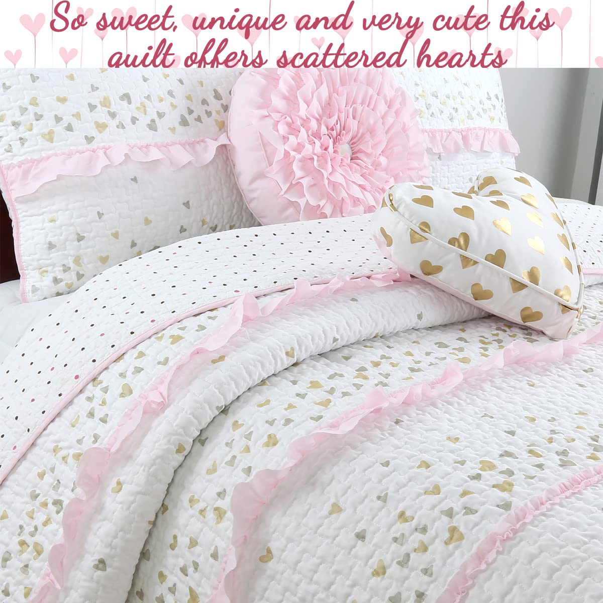 Pink Ruffle Metallic Printed Hearts Reversible Quilt Bedding Set - 3 Piece Queen Size (1 Quilt + 2 Shams) | Cozy Line Home Fashions | Soft Cotton Coverlet & Bedspread | Perfect for Girls' Bedroom, Nursery Decor or Valentine's Day Gift