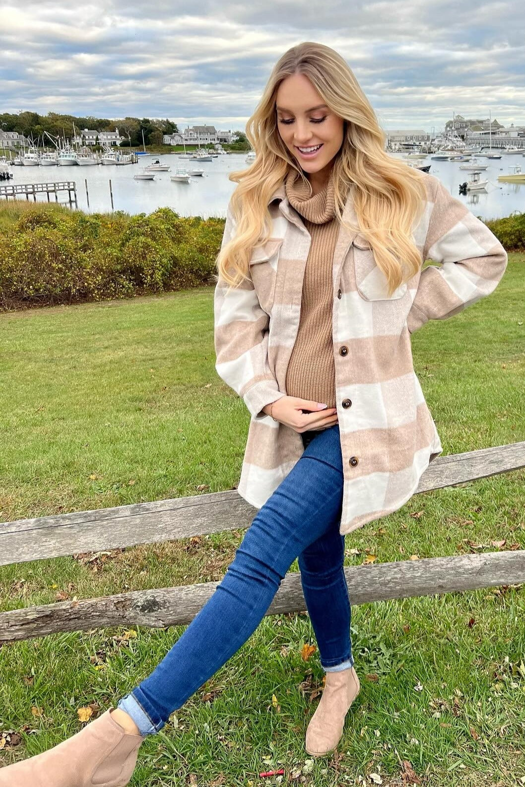Soft Beige Plaid Brushed Long Maternity Shacket - Cozy Winter Overshirt for Pregnant Women | Perfect for Casual Outings & Layered Outfits