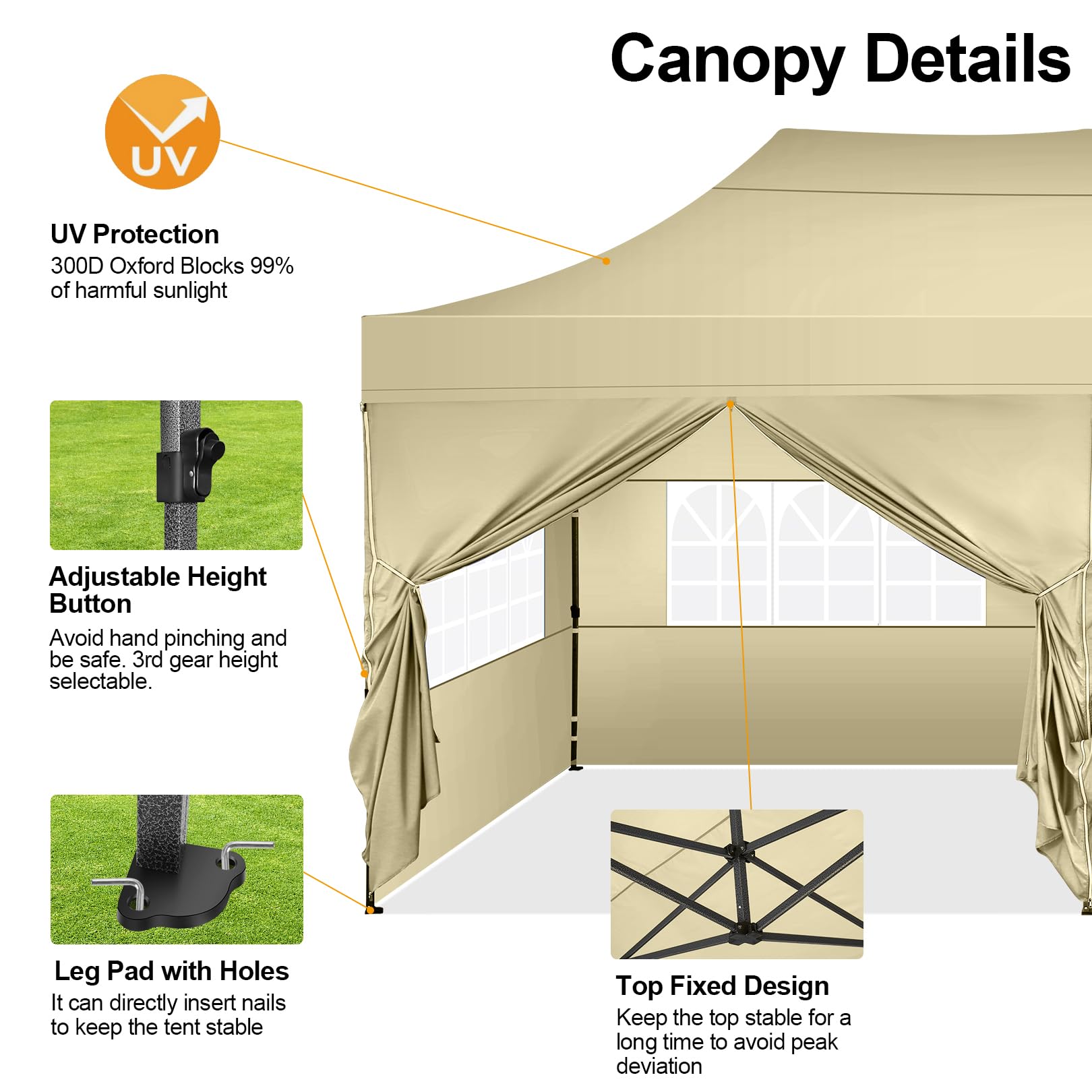 COBIZI 10x20ft Heavy Duty Commercial Pop Up Canopy Tent with 6 Waterproof Sidewalls - Portable Outdoor Gazebo for Parties, Events & Markets - Includes Wheeled Carry Bag (Khaki)