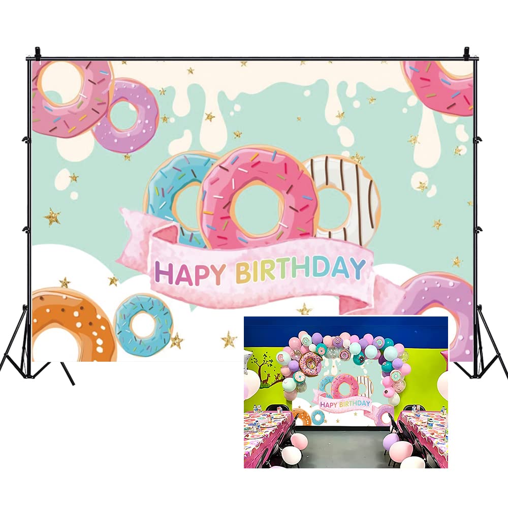 Haoyiyi 7x5ft Happy Birthday Backdrop - Colorful Donuts & Candy Kingdom Theme for Birthday Parties, Baby Showers, Weddings & Photo Studio Props - Perfect for Cake Tables, Photography Backgrounds & Sweet Girl Decorations