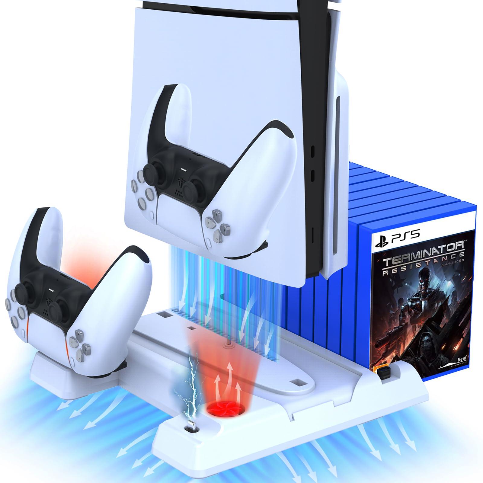 DOBE FOMIS PS5 Slim Stand with Cooling Fan & Controller Charger - 3-Speed Cooling Station for PlayStation 5 Disc/Digital Edition - Includes 4 USB Hub, 11 Game Storage Slots & Mounting Screws - Perfect for Gaming Setup & Console Protection