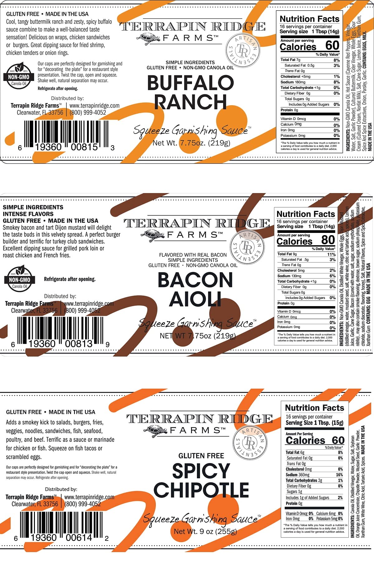 Terrapin Ridge Farms Squeeze Me Baby Sampler Set - Buffalo Ranch, Bacon Aioli & Spicy Chipotle Sauce Bottles (3-Pack) | Perfect for Burgers, Salads & Party Dips | Gourmet Condiment Gift Set