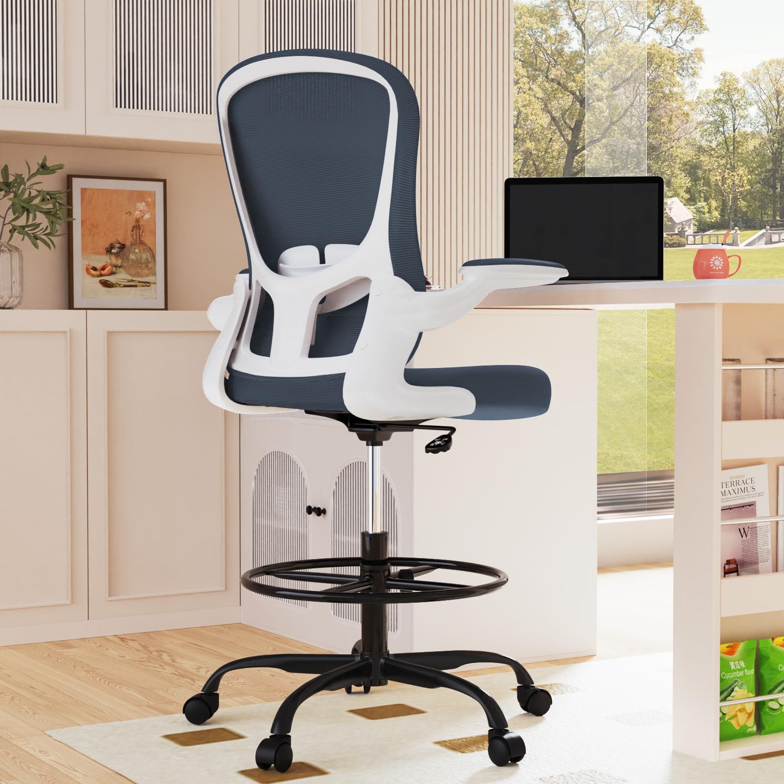 Ergonomic Drafting Chair with Flip-Up Armrests & Adjustable Footrest - Tall Office Chair for Computer Work, Standing Desk - Executive Chair with Lumbar Support - Perfect for Architects, Designers & Long Work Sessions