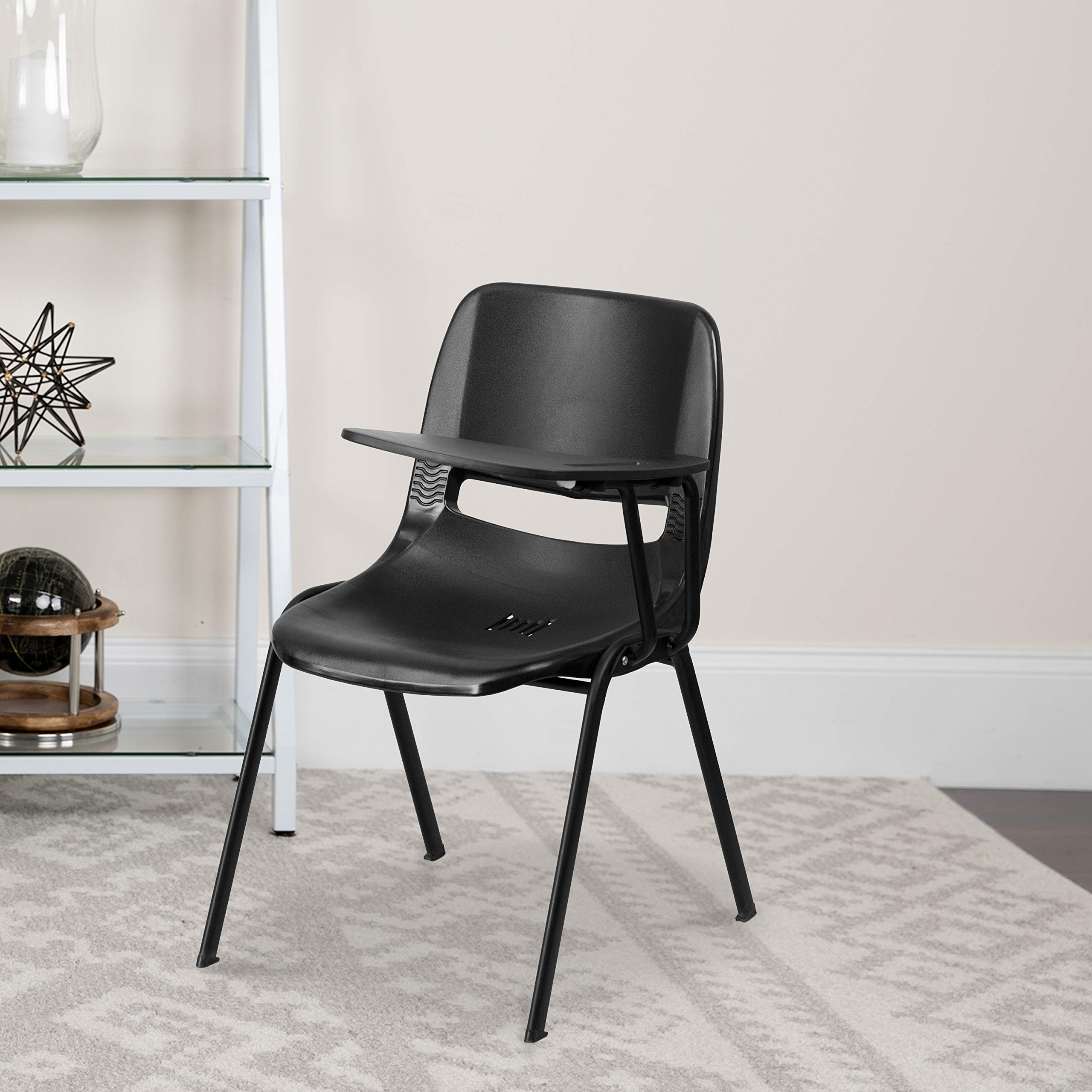 Ergonomic Black Shell Chair with Left-Handed Flip-Up Tablet Arm - Adjustable Office Desk Chair for Home & Workspace - Perfect for Studying, Working, and Online Meetings