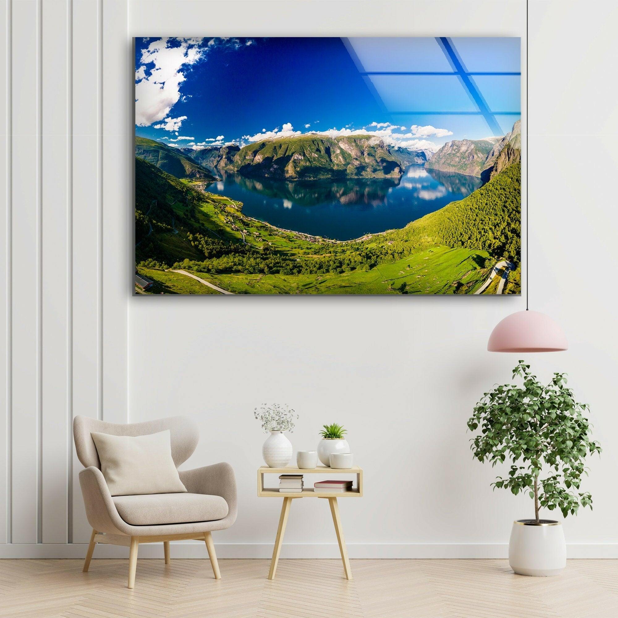 Aurlandsfjord Norway Landscape Glass Wall Art - Stunning Scandinavian Home Decor for Living Room, Bedroom & Office
