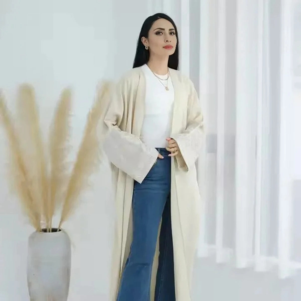 Muslim Women's Linen Blend Embroidery Sleeve Open Abaya Cardigan Dress - Perfect for Prayer, Modest Fashion & Everyday Wear