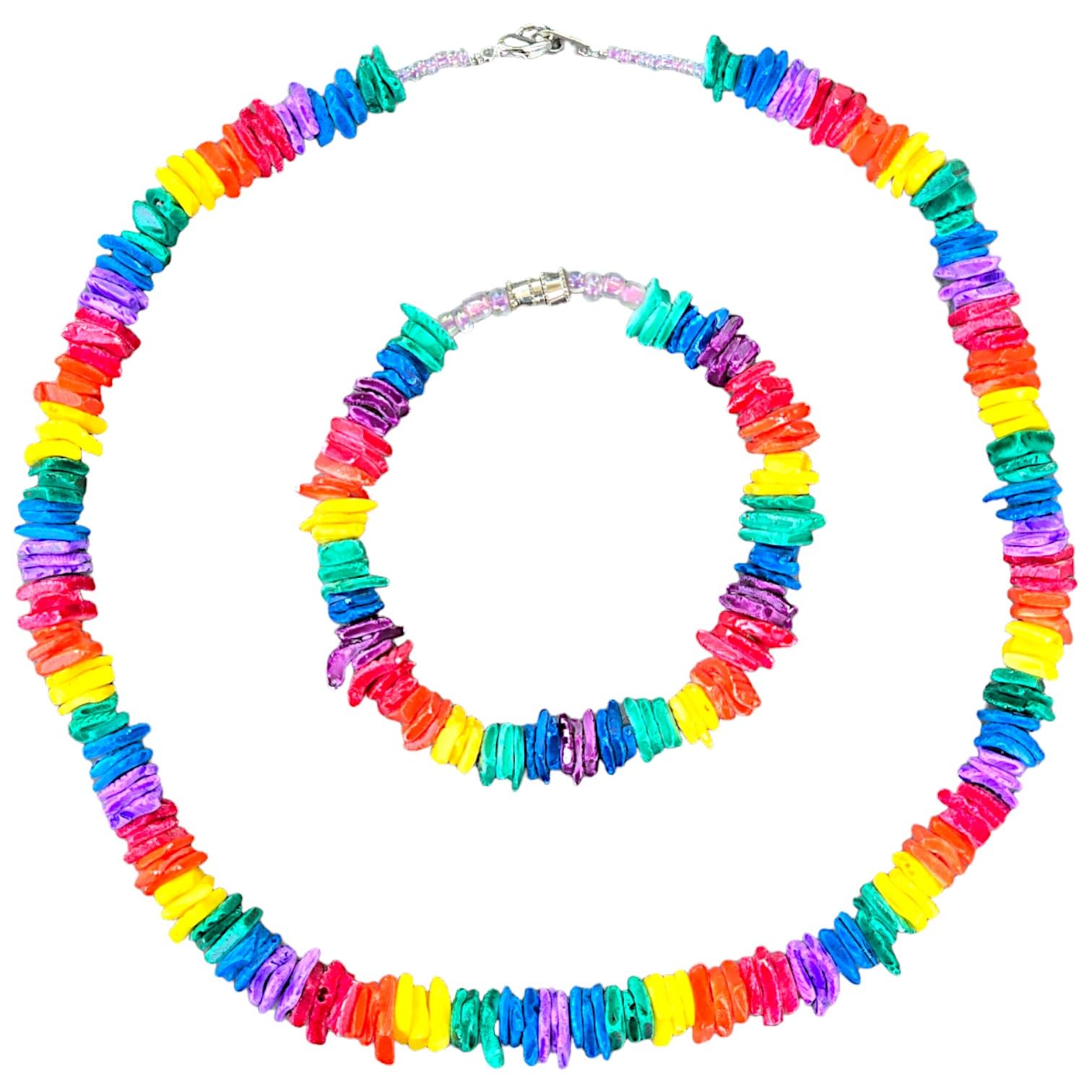 BlueRica Puka Shell Chips Necklace and Anklet Set - Natural Beach Shell Jewelry for Women, Boho Style Layered Necklace and Ankle Bracelet (Multi Color) - Perfect for Summer Vacation, Beach Party and Boho Fashion Accessories