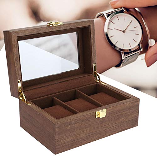 Premium Wooden Watch Display Box with Transparent Window - 3 Grid Watch Organizer & Jewelry Storage Case for Men - Black Walnut Watch Box for Dresser, Closet, or Travel Use