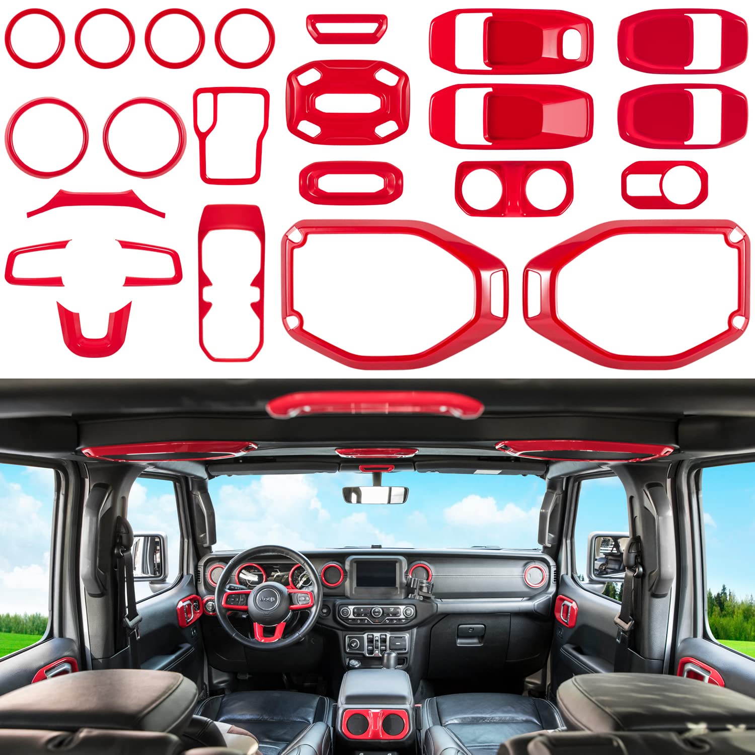 23PCS Full Interior Trim Kit for Jeep Wrangler JL JLU & Gladiator JT (2018-2023) - Steering Wheel, Door Handles, AC Vents, Cup Holders, Reading Lights, Headlight Switch Covers - Red Accent Upgrade - Perfect for Off-Road Enthusiasts & Custom Car Modifications