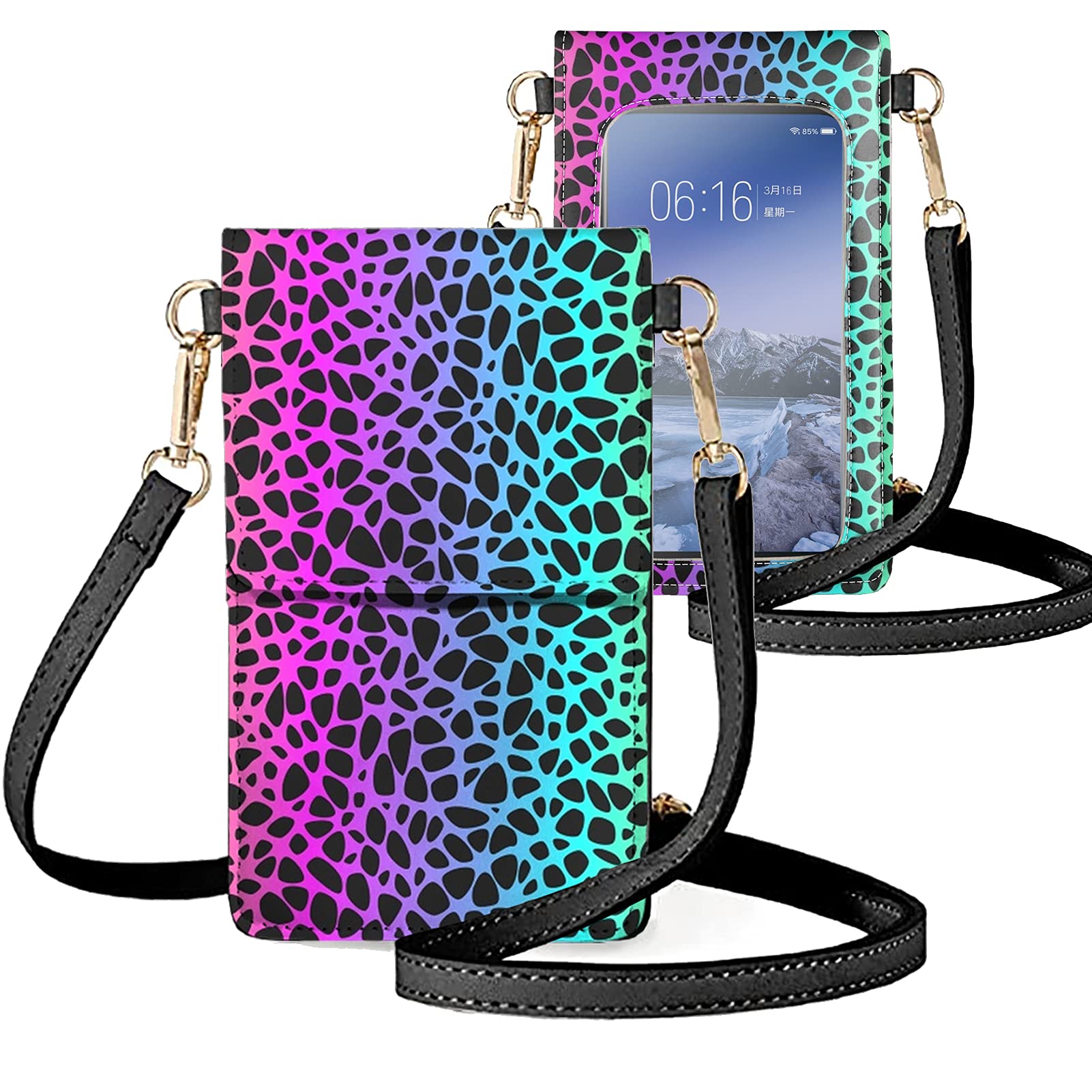Colorful Leopard Print Crossbody Phone Bag for Women - Pink & Teal Touchscreen Smartphone Purse with Adjustable Strap - Perfect for Shopping, Travel & Daily Use