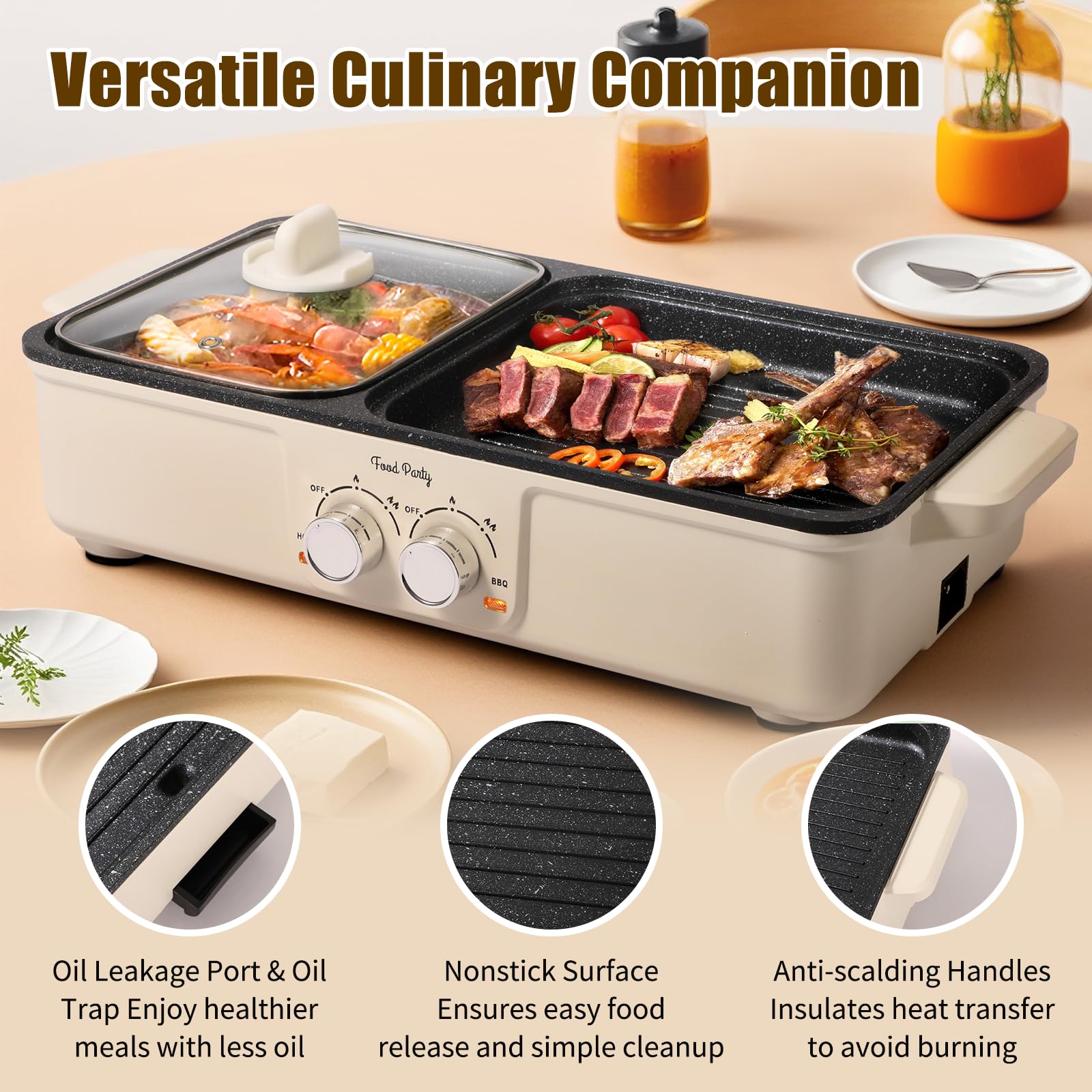 2-in-1 Electric Hot Pot & Korean BBQ Grill - Smokeless Indoor Shabu Shabu Pot with Non-Stick Surface (Large Size) for Home Cooking, Family Gatherings & Asian Cuisine Parties