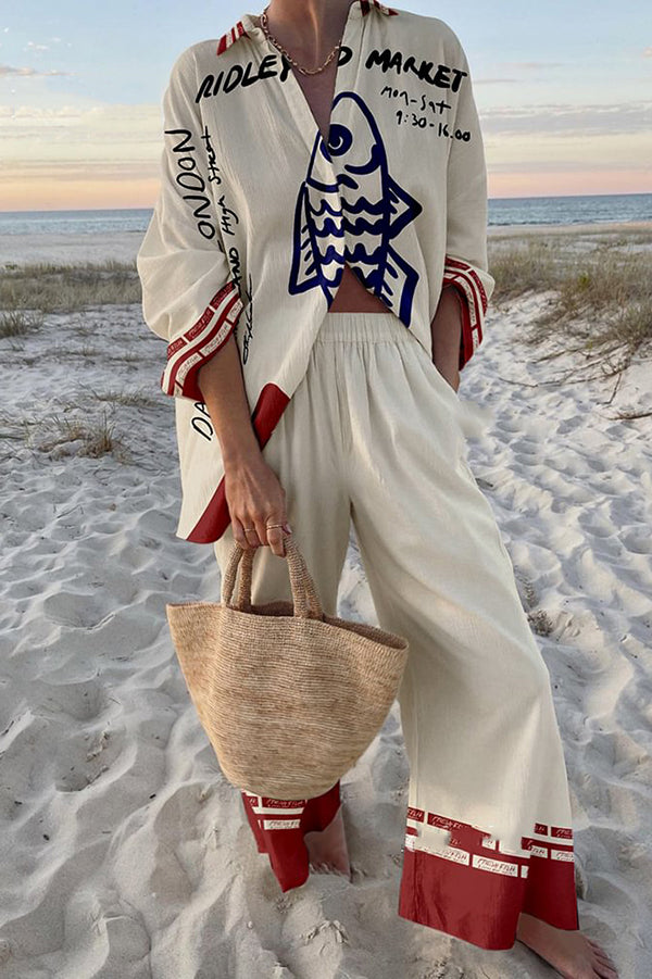 Stylish Ocean Print Oversized Shirt & Elastic Waist Pocket Pants Set - Women's Casual Loungewear for Beach Vacation & Summer Outfits