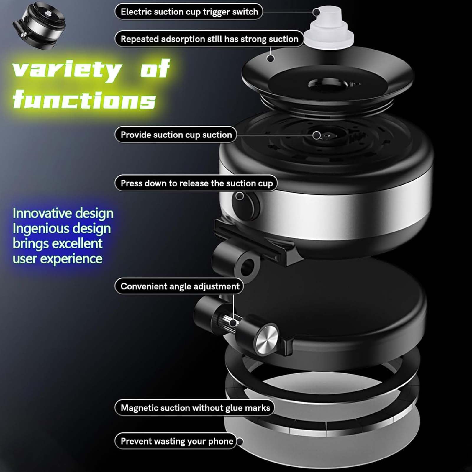Nixive Double-Sided Magnetic Phone Holder - Adjustable Vacuum & Magnetic Car Mount with 360° Rotation for iPhone 15/14/13 Pro Max, Samsung Galaxy S23/S22 - Perfect for Driving, Cycling & Office Use (Black)