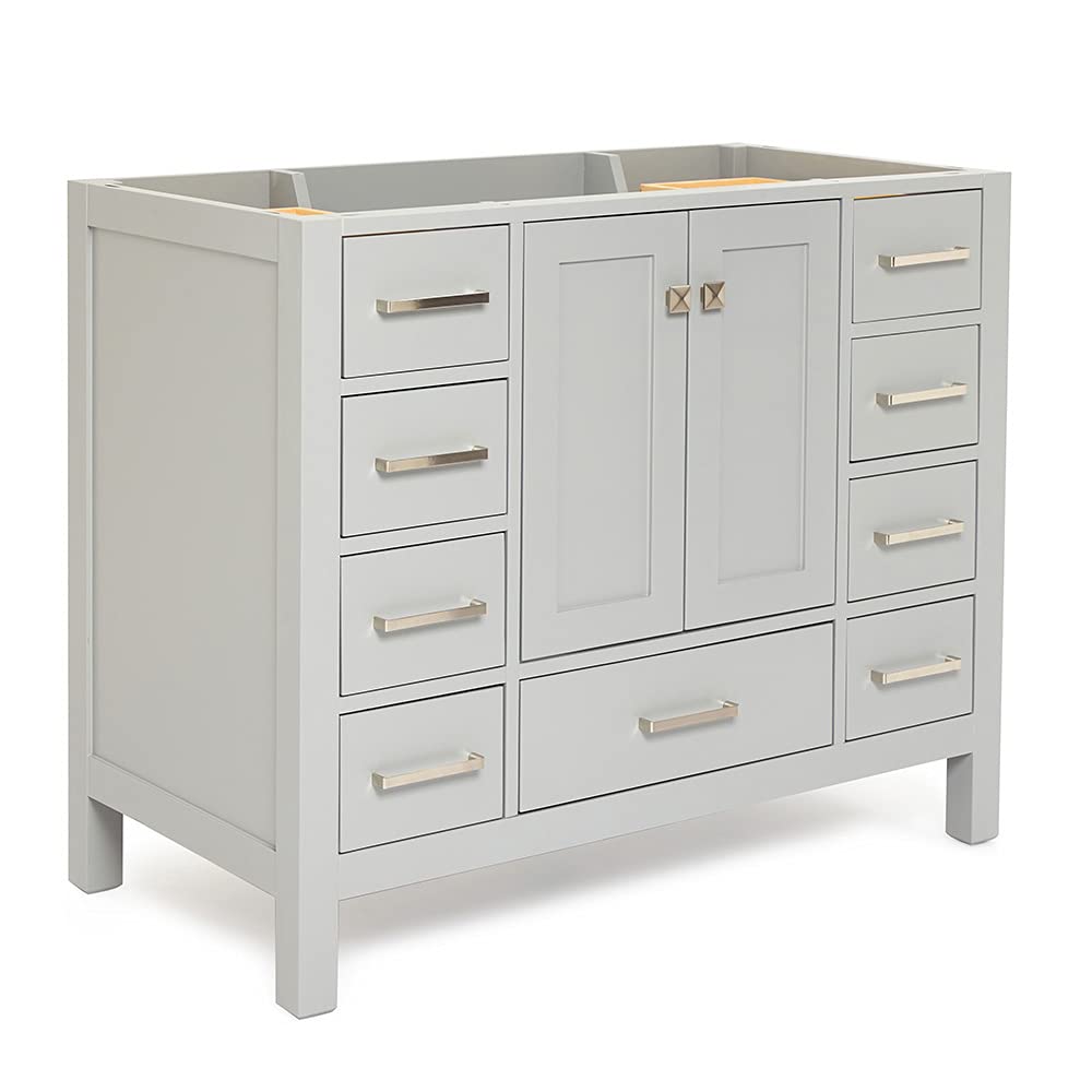 DKB Beckford Series 42 Inch Grey Bathroom Vanity Base Cabinet with Center Sink, 2 Soft Close Doors & 9 Full Extension Dovetail Drawers – Perfect for Modern Bathroom Remodeling and Space-Saving Storage Solutions