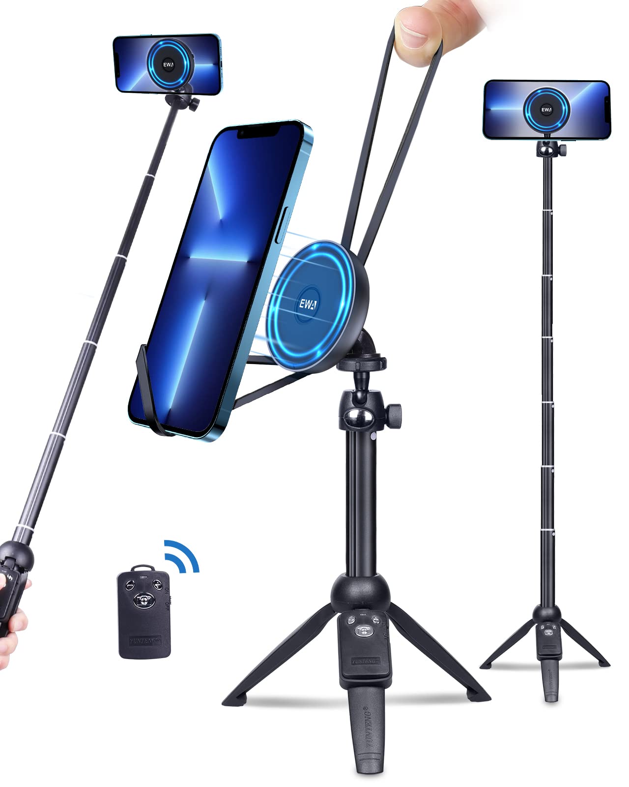 EWA Magnetic Selfie Stick Tripod with Wireless Remote - Compatible with iPhone 13/14/Pro/Max/Mini & Samsung/Android Phones | Portable Travel Tripod for Vlogging, Group Photos & Hands-Free Video Calls