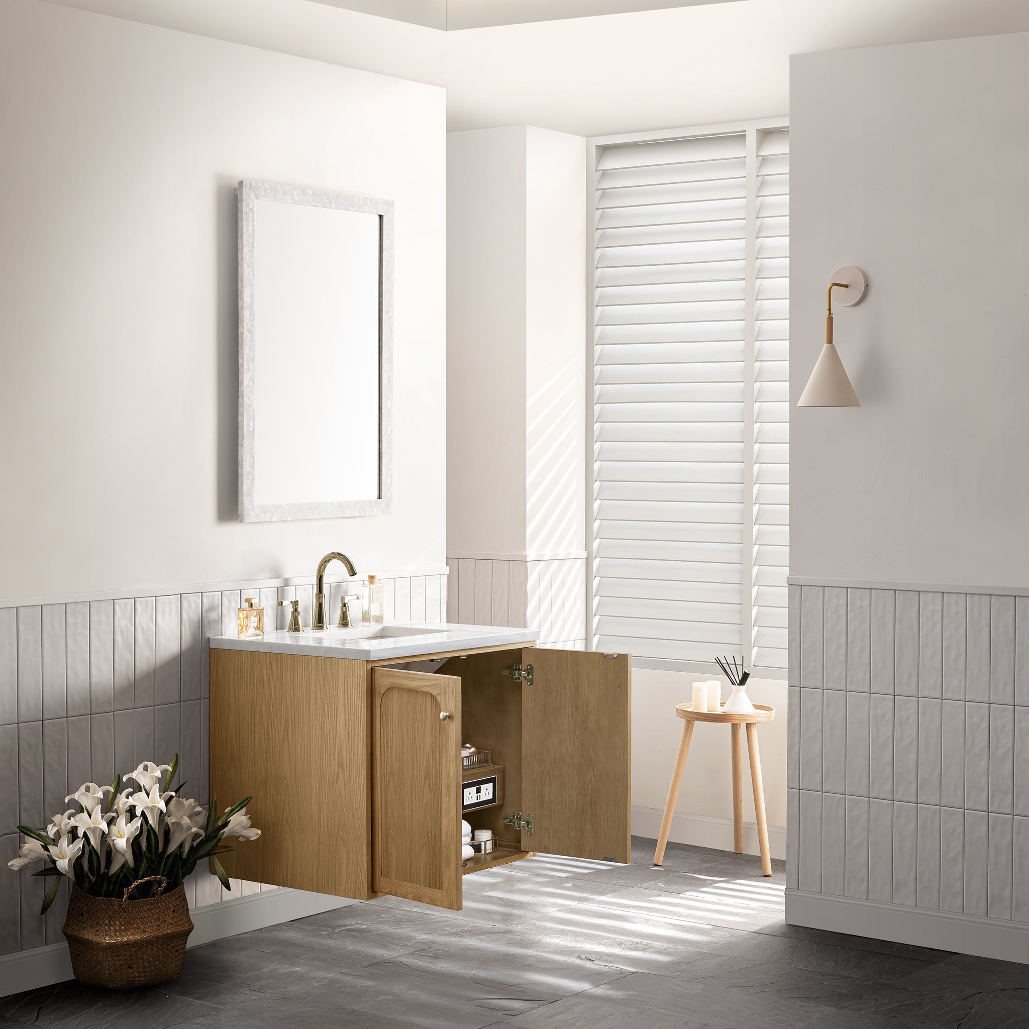 Laurent 30 Inch Single Bathroom Vanity in Light Natural Oak - Modern Sink Cabinet for Small Space & Powder Room Makeover