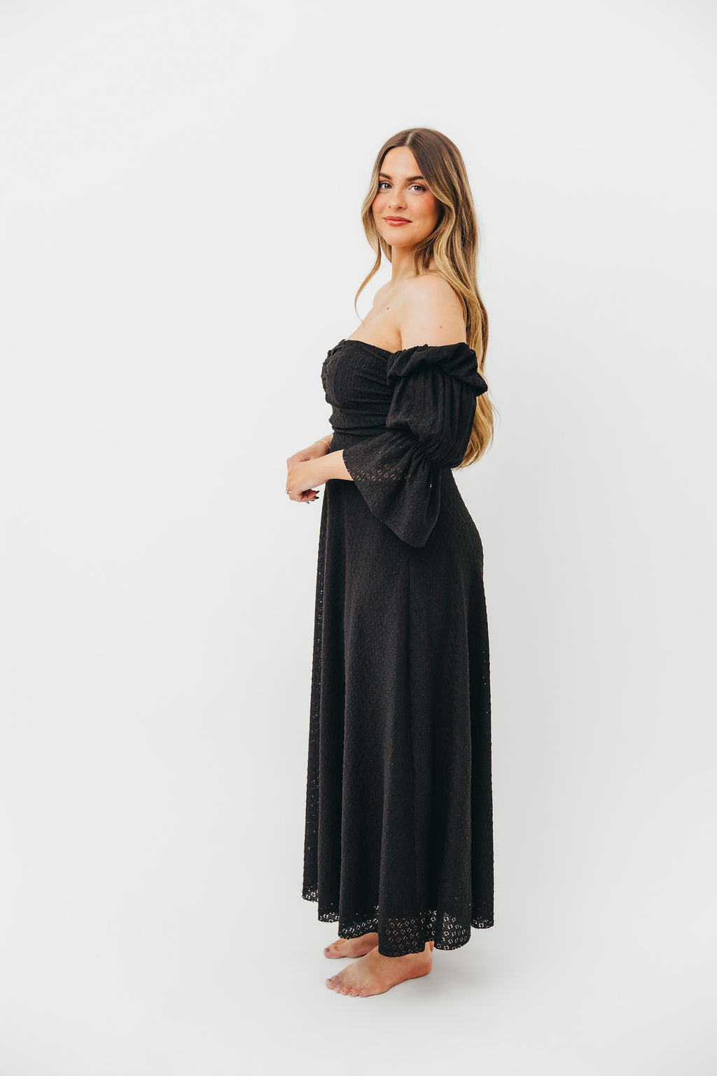Corrine Tiered Sleeve Maxi Dress with Pockets - Bump Friendly Maternity Dress in Black | Perfect for Pregnancy, Nursing, and Special Occasions