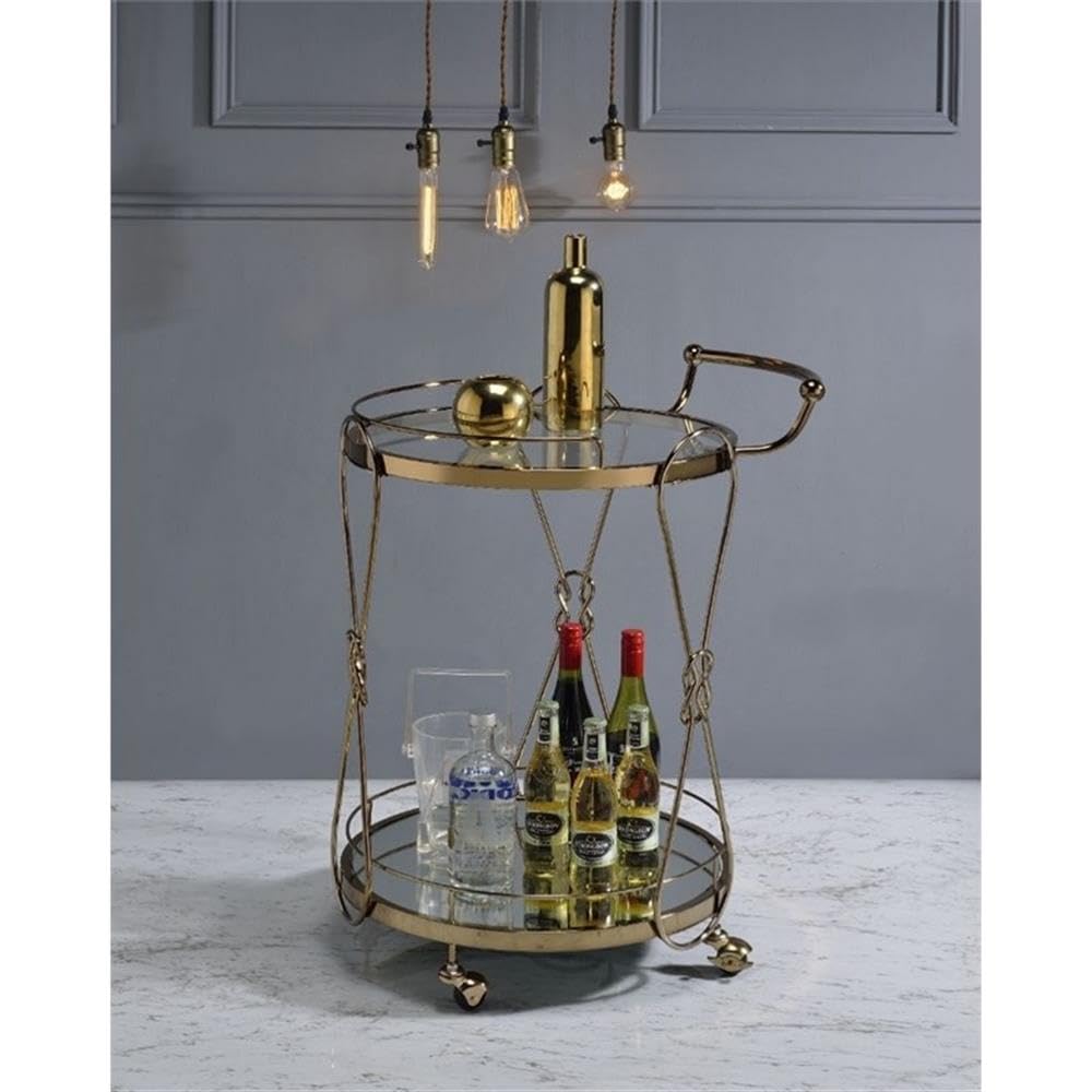 Acme Zekera Metal Frame Glass Serving Bar Cart - Clear & Champagne Finish | Perfect for Home Bars, Kitchen Storage & Party Serving