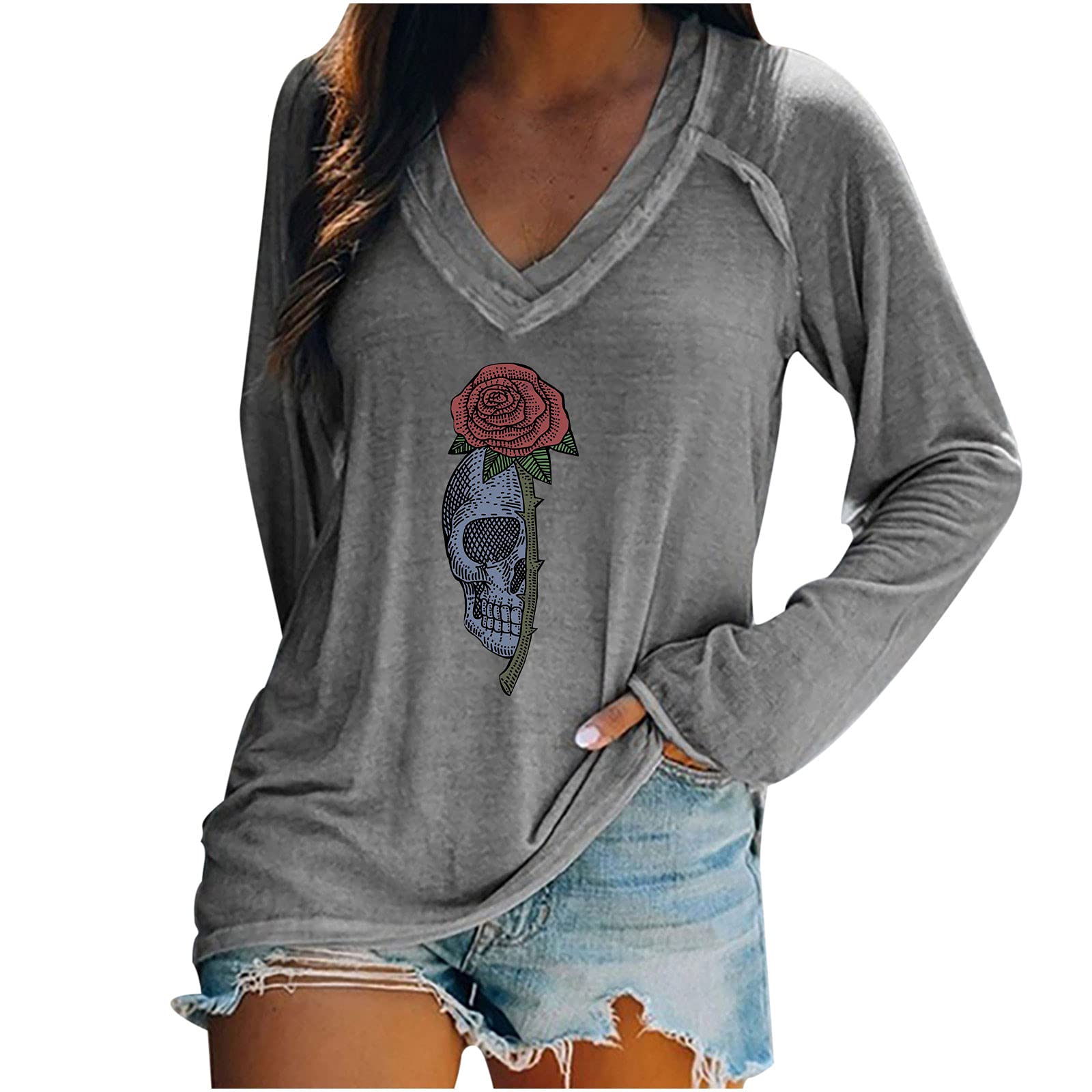 Women's Skull Rose Graphic V-Neck Long Sleeve Blouse - Loose Fit Gothic T-Shirt for Halloween, Casual Wear & Rock Style Outfits