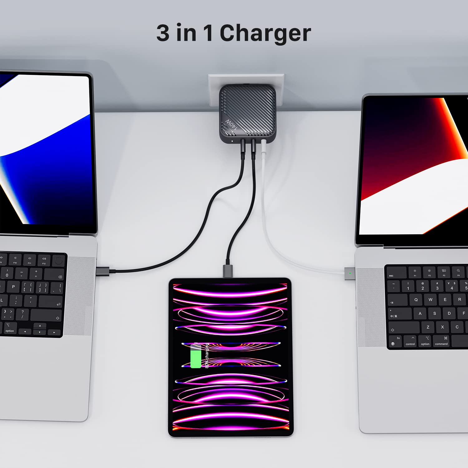 INVZI GaNHub 140W USB C Fast Charger, PD 3.1 GaN Wall Charger 3-Port Foldable Power Adapter for MacBook Pro 16