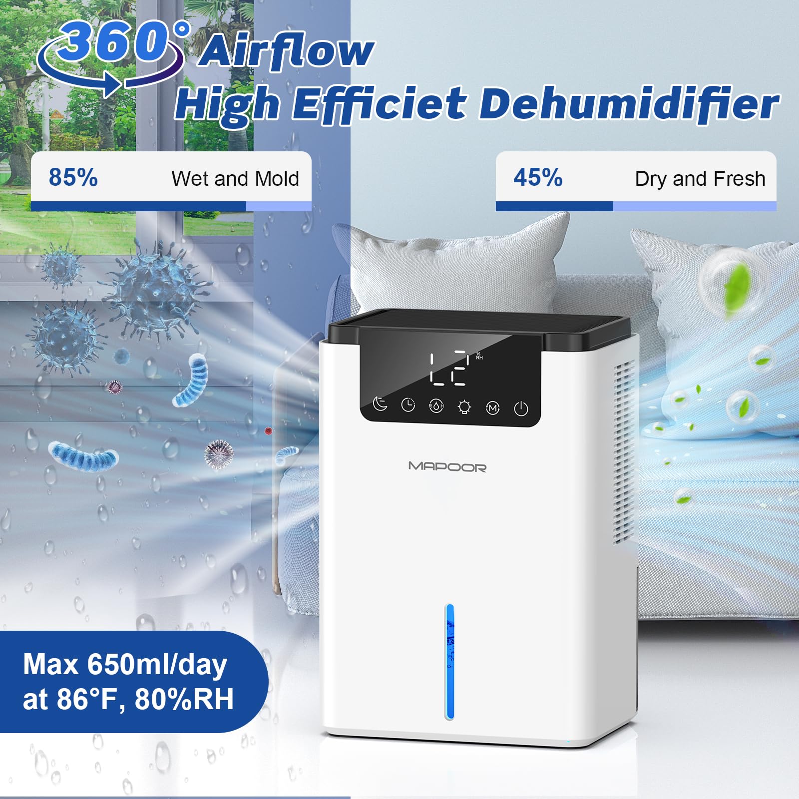 75OZ Quiet Dehumidifier with Auto Shut Off - 2 Modes, Sleep Mode & Auto Defrost for Basement, Bedroom, Bathroom, Home & RV | Portable Air Moisture Remover for Better Sleep & Mold Prevention